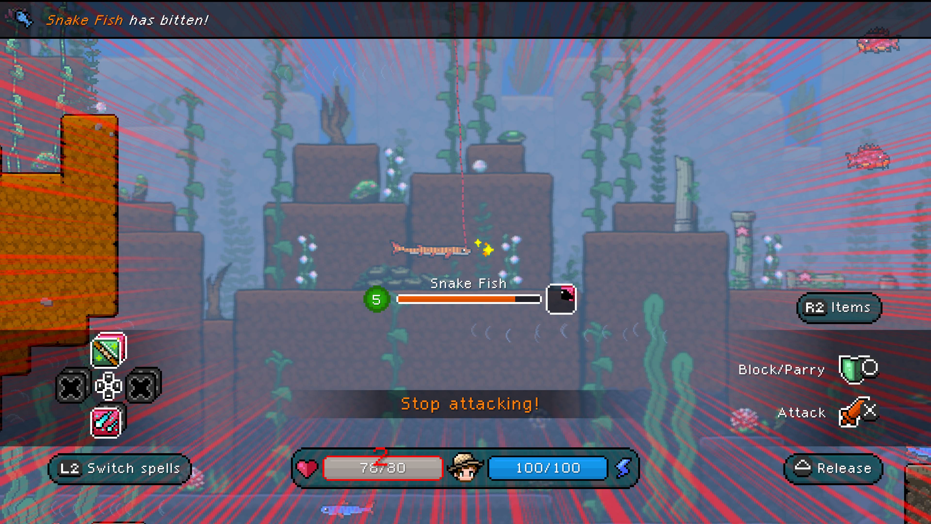 Snake Fish has bitten! 5 Snake Fish R2 Items Block/Parry Stop attacking! Attack L2 Switch spells 76/30 100/100 Release