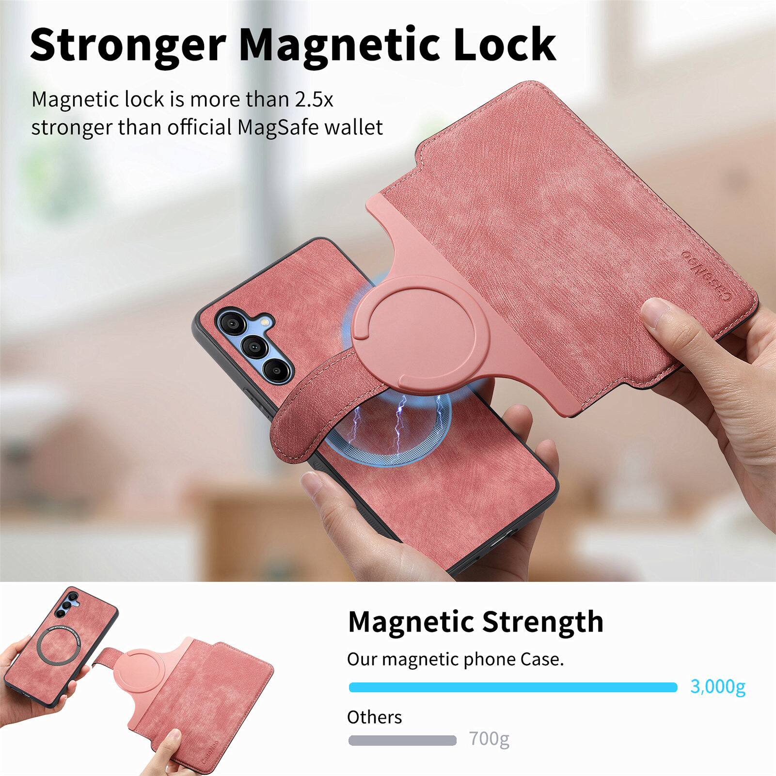 Stronger Magnetic Lock

Magnetic lock is more than 2.5x stronger than official MagSafe wallet

Magnetic Strength

Our magnetic phone Case.

3,000g

Others

700g