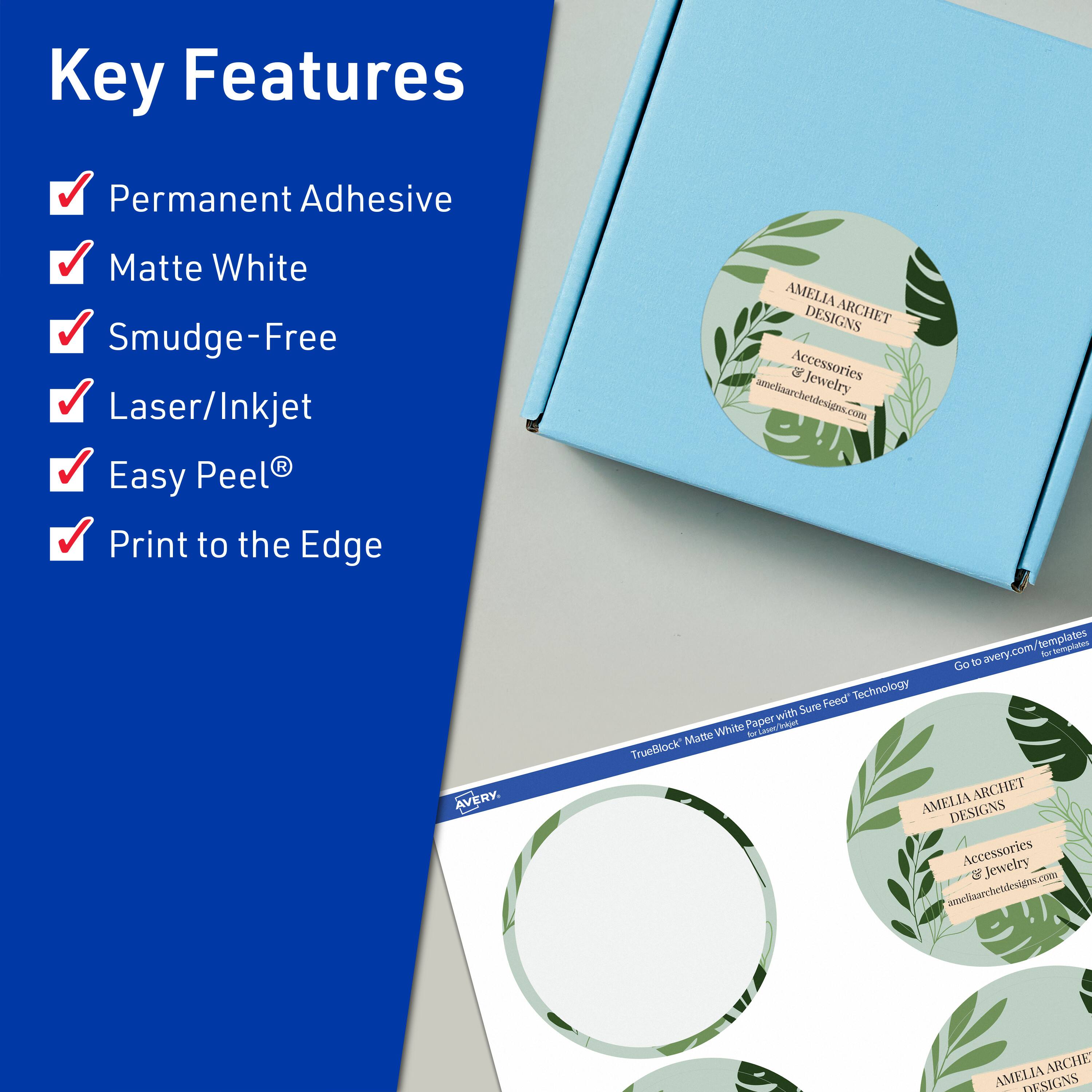 Key Features  
- Permanent Adhesive  
- Matte White  
- Smudge-Free  
- Laser/Inkjet  
- Easy Peel®  
- Print to the Edge  

AMELIA ARCHET DESIGNS  
Accessories & Jewelry  
ameliaarchetdesigns.com  

AVERY  
templates  
avery.com  

TrueBlock Matte White Paper with Sure Feed Technology