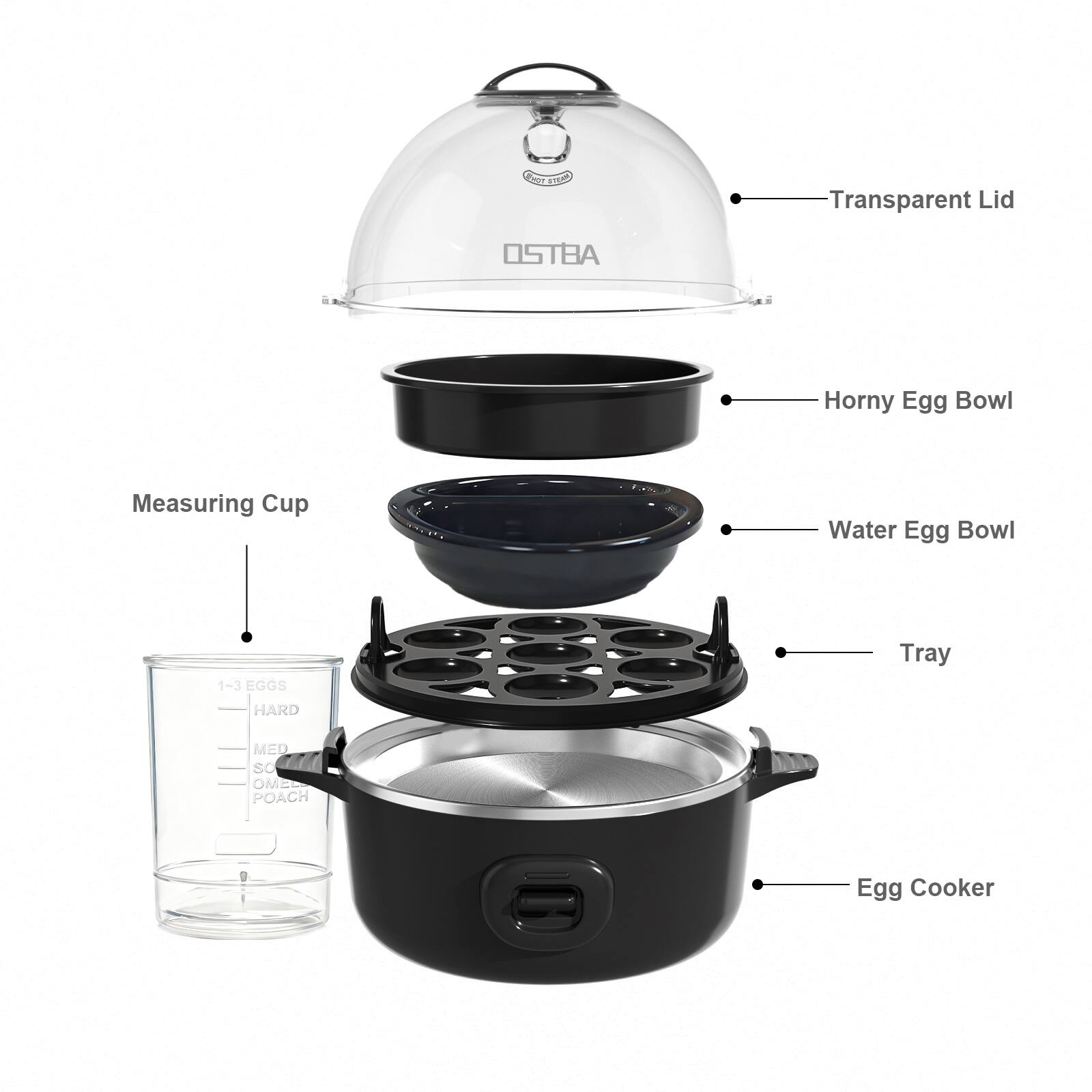 1. Transparent Lid
2. Horny Egg Bowl
3. Water Egg Bowl
4. Tray
5. Egg Cooker
6. Measuring Cup

1-3 EGGS
HARD
MED
SOFT
POACH