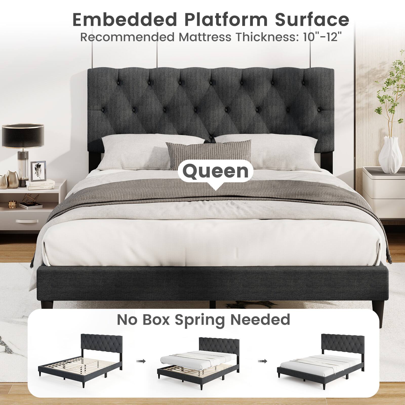 Embedded Platform Surface  
Recommended Mattress Thickness: 10"-12"  
Queen  
No Box Spring Needed