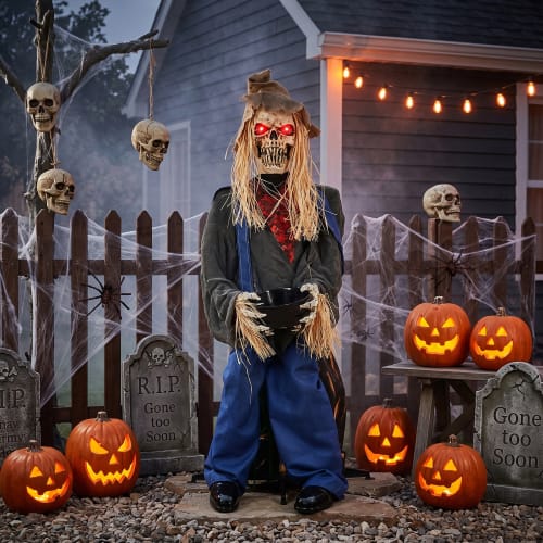 Winado - 4.5FT Halloween Scarecrow with Red Eyes, Scary Sound, Raises Head for Indoor Outdoor Yard Garden Holiday Decorations - Multicolor