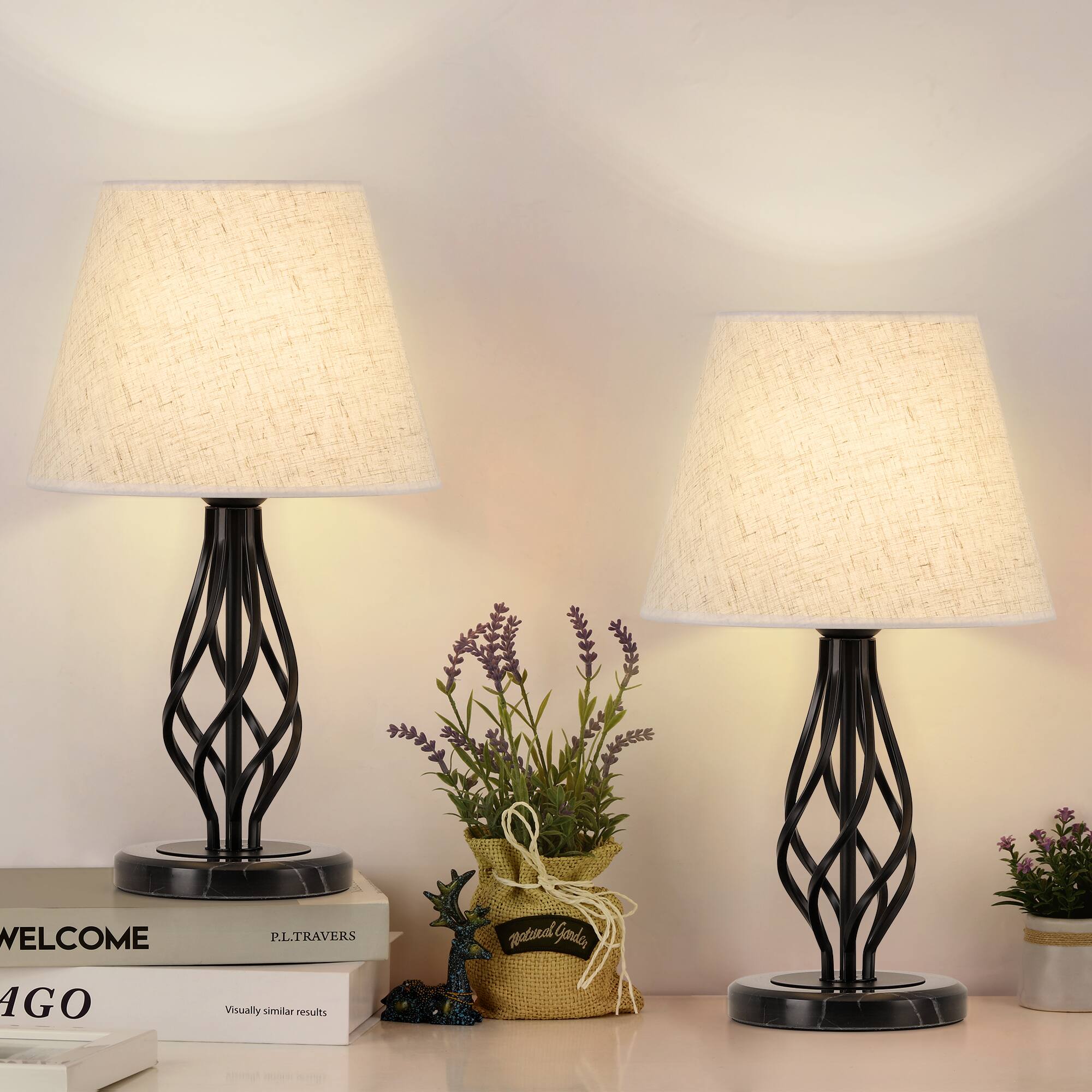 Oumilen - Set of 2 Marble Base Table Lamps, 16" Vintage Bedside Lamps with Black Twist Pole & Linen Shade for Bedroom Living Room