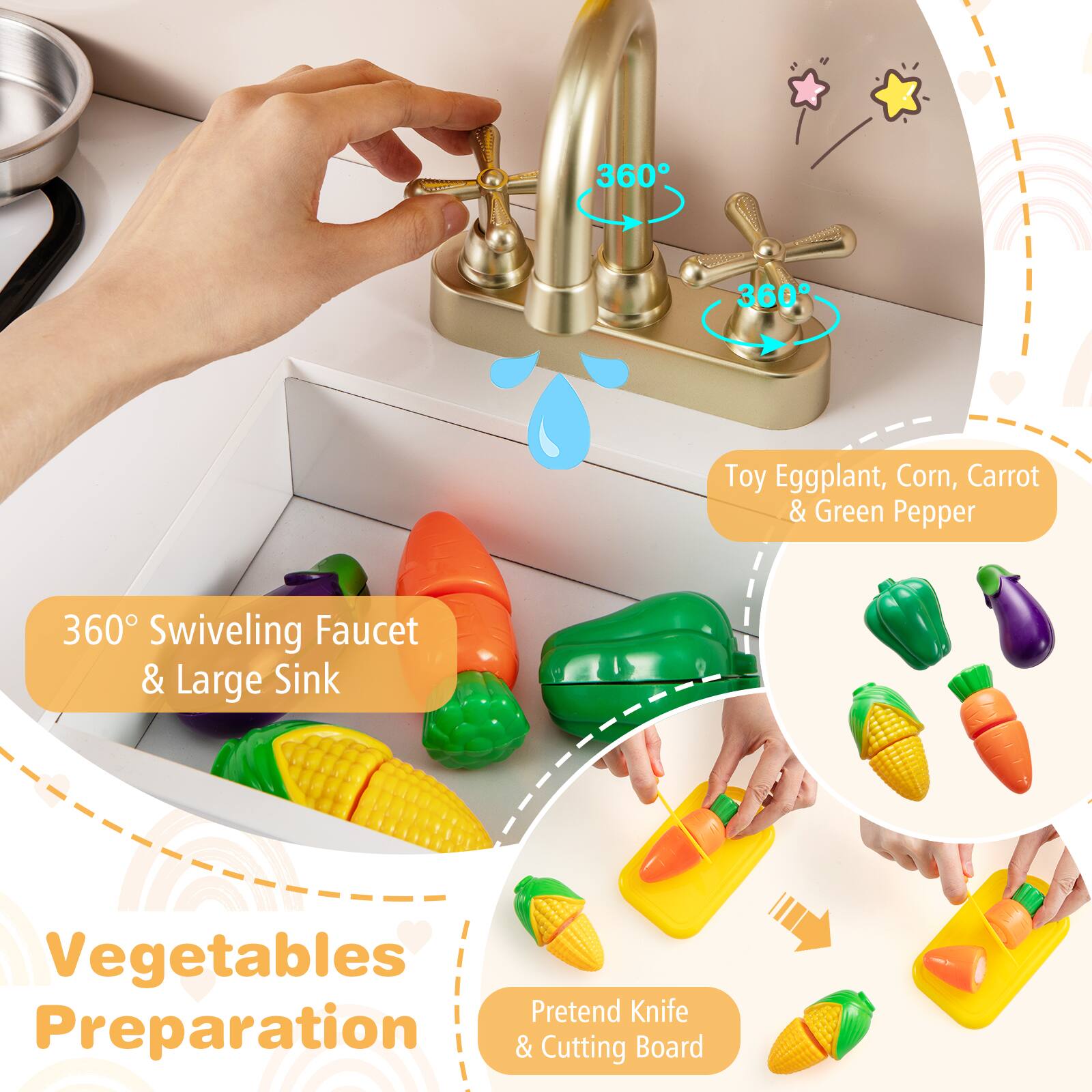 360° Swiveling Faucet & Large Sink  
Toy Eggplant, Corn, Carrot & Green Pepper  
Vegetables Preparation  
Pretend Knife & Cutting Board
