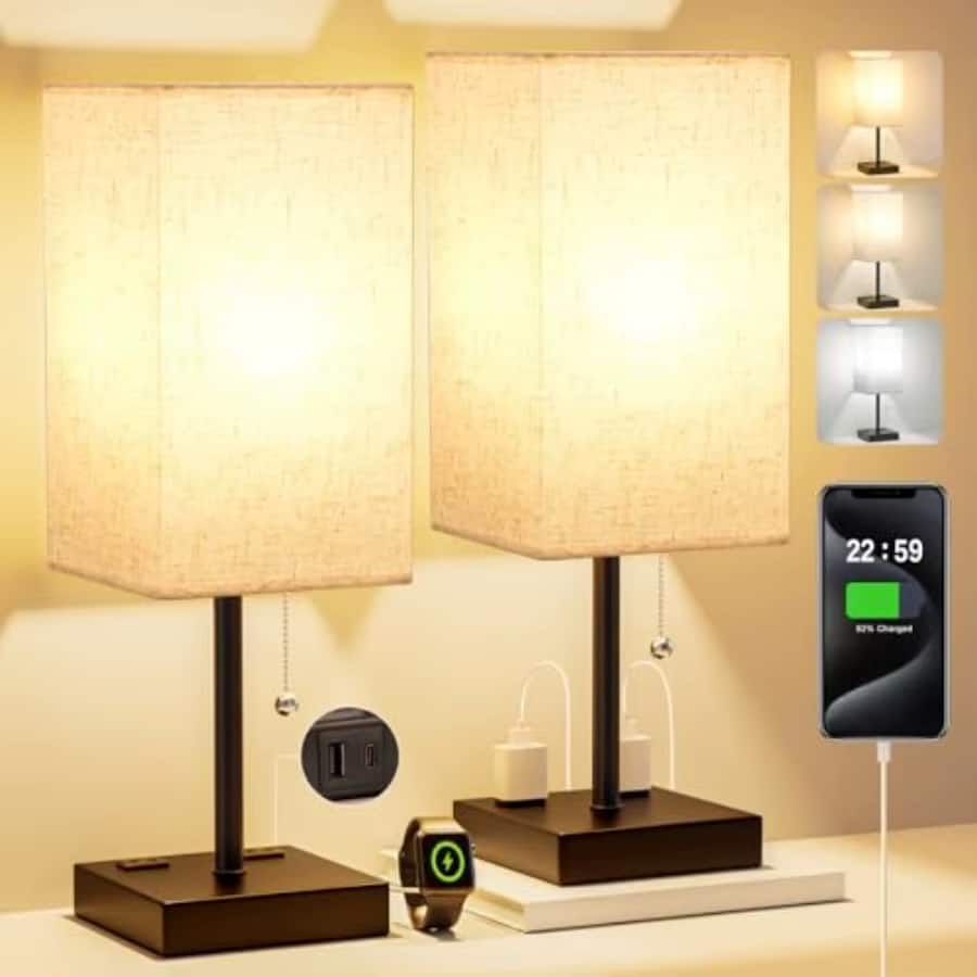 Luckbyte - Set of 2 Modern Bedside Table Lamps with USB Charging Ports 3 Color Temperature Square Fabric Shade Nightstand Lamps