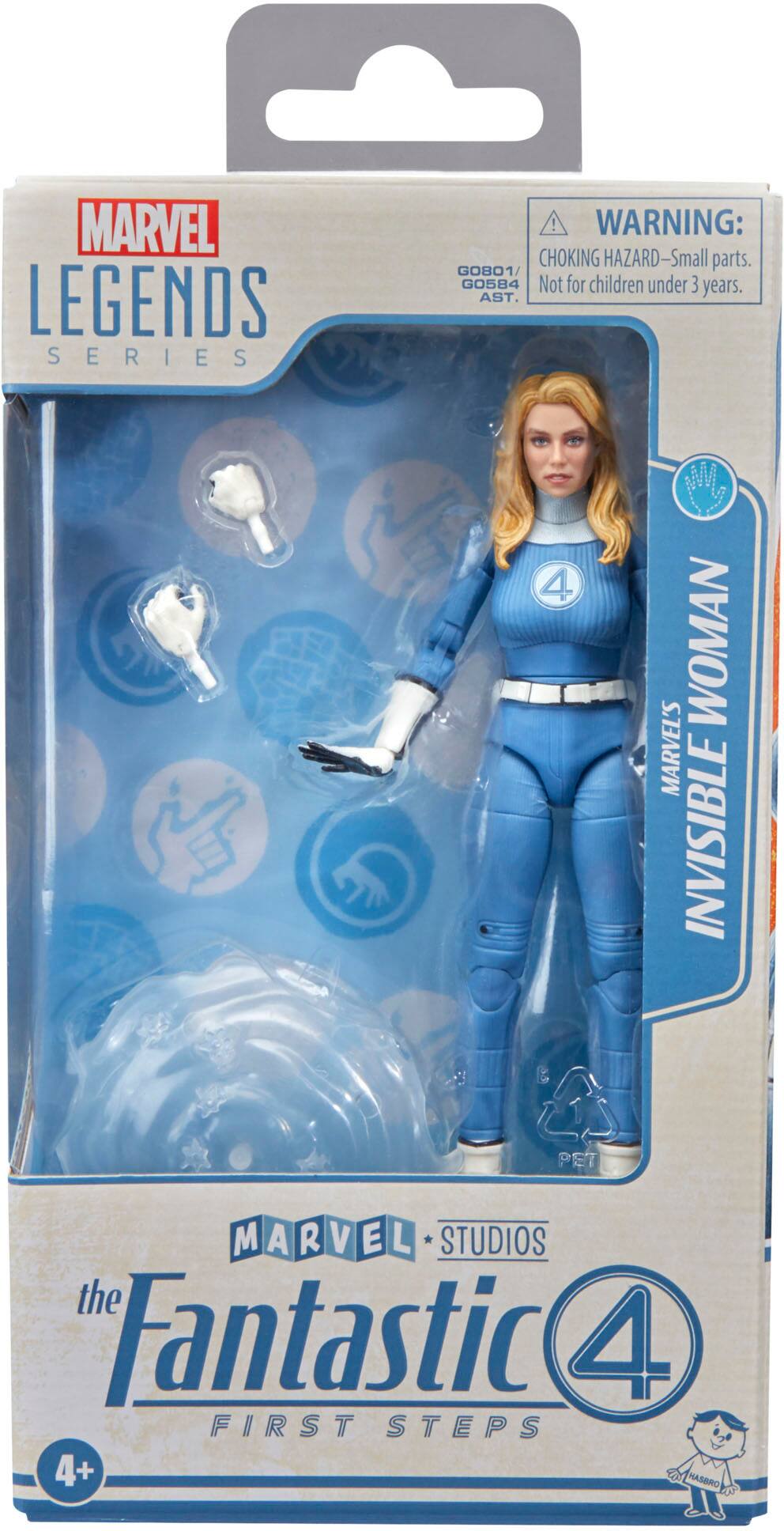 The image features a Marvel Legends action figure of the Invisible Woman from the Fantastic Four. The figure is in a package, and there is a warning on the package that it is not suitable for children under three years of age due to small parts. The figure is part of the Marvel's Invisible Pet Marvel's First Steps series.