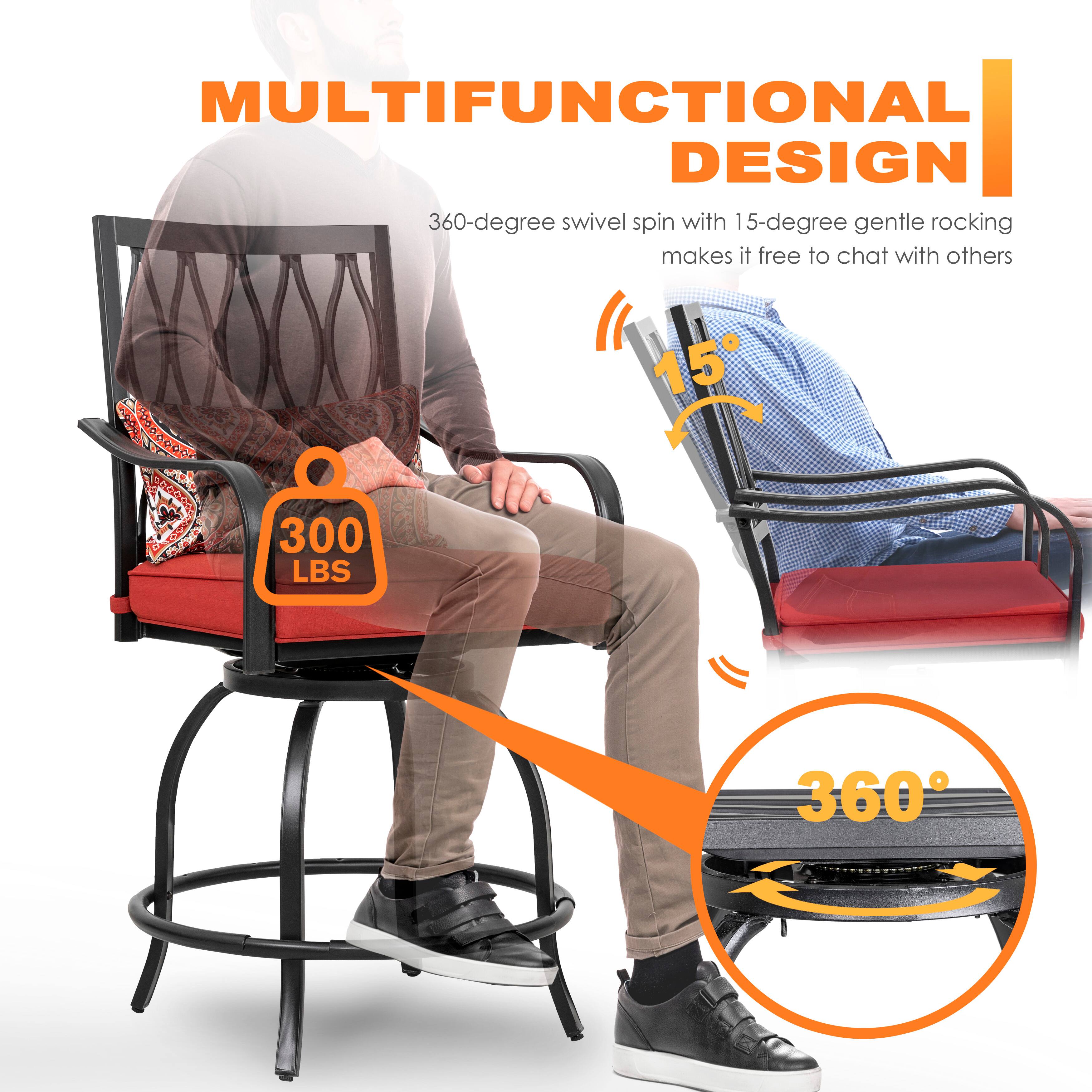MULTIFUNCTIONAL DESIGN  
360-degree swivel spin with 15-degree gentle rocking makes it free to chat with others  
300 LBS  
360°