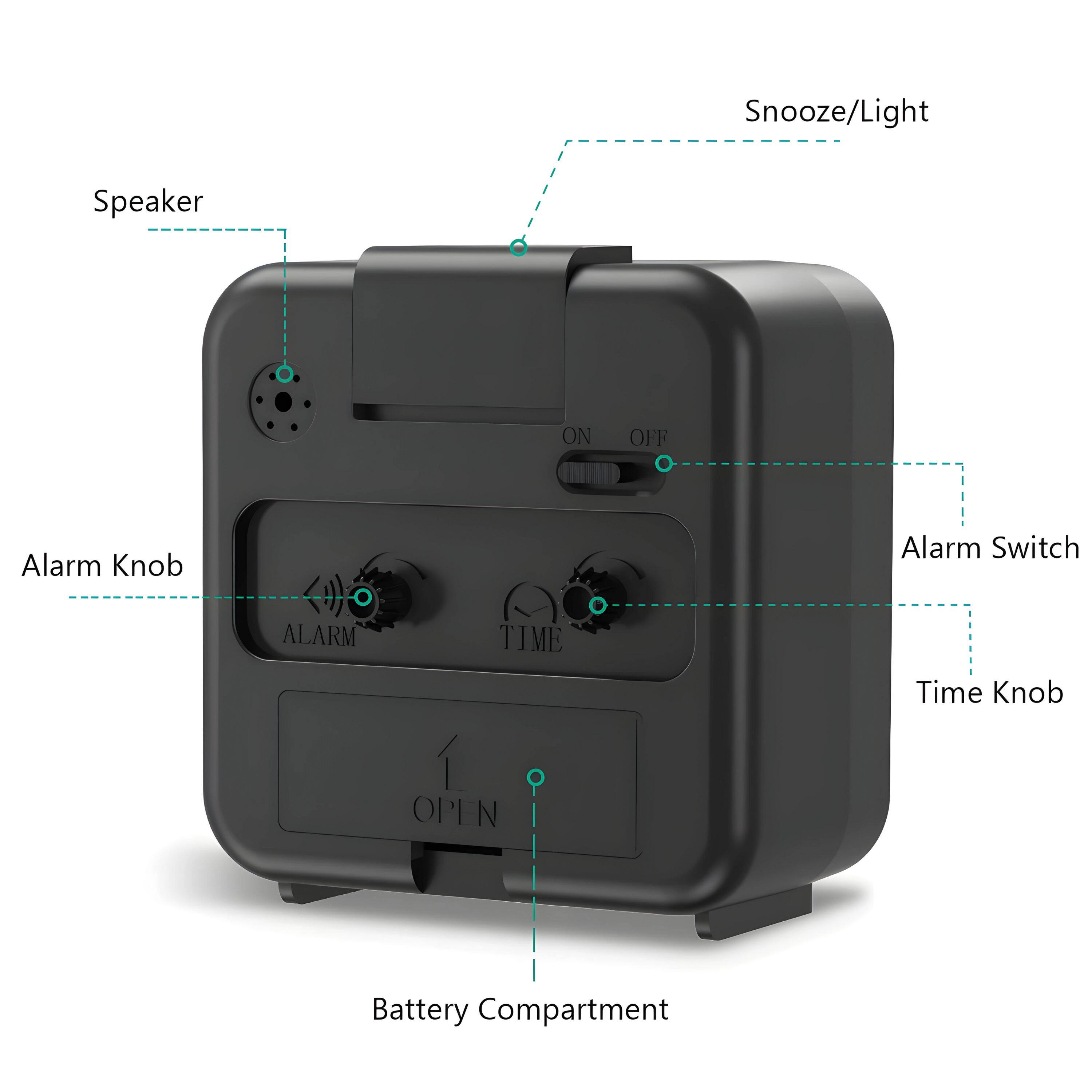 - Speaker
- Snooze/Light
- Alarm Knob
- Alarm Switch
- Time Knob
- Battery Compartment
- ON/OFF