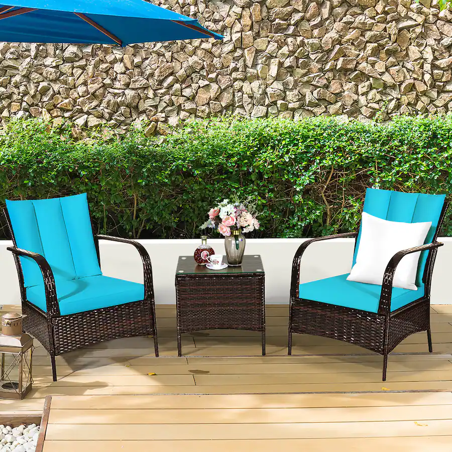 Costway 3 PCS Patio Wicker Rattan Furniture Set Coffee Table & 2 Rattan ...