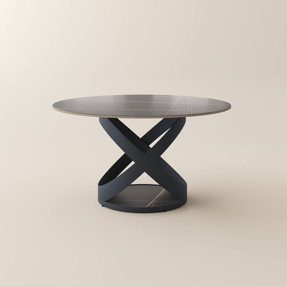 Alt View 9. POVISON - 51" Modern Black Round Dining Table for 4, Matte Sintered Stone Tabletop with Black X Carbon Steel Base - Black Matte Sintered Stone with Black.