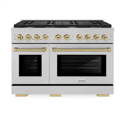 Front. ZLINE - ZLINE Autograph 48 in. Paramount Satin Steel Gas Range w/ 8 Burners & Bronze Accents (SGRSZ-48-CB) - Stainless Steel.