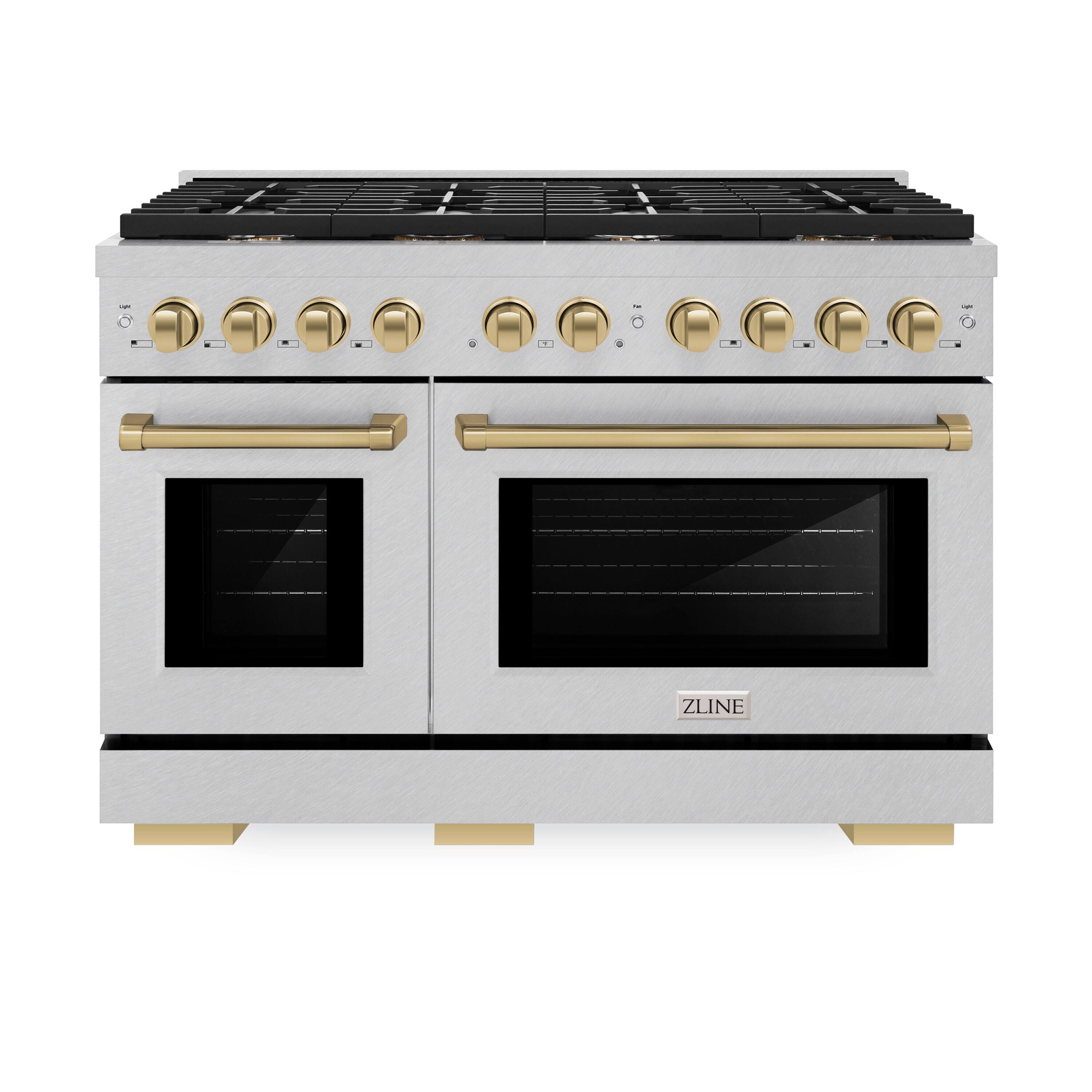 Front. ZLINE - ZLINE Autograph 48 in. Paramount Satin Steel Gas Range w/ 8 Burners & Bronze Accents (SGRSZ-48-CB) - Stainless Steel.