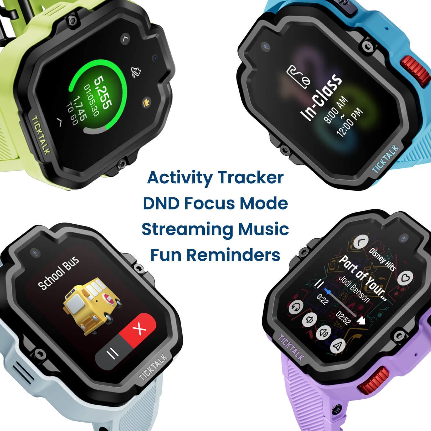 TO 1,745 01:05:30 5,255  
In-Class AM GO 00:8 2 PM  
TICKTALK 12:00  
Activity Tracker  
DND Focus Mode  
Streaming Music  
Fun Reminders  
Disney Bus Part Hits  
School Bus  
Jodi of C  
0:22 Benson  
02:52 X 4)  
TICKTALK A II TICKTALK
