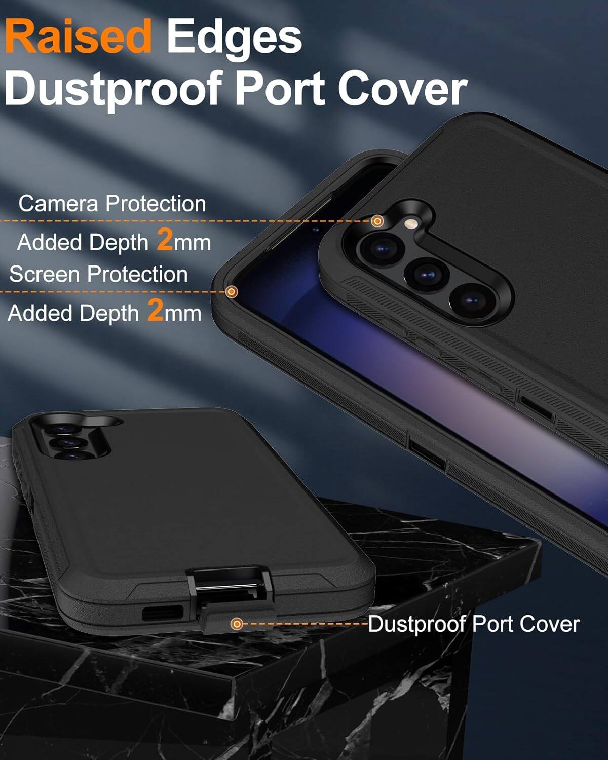 Raised Edges, Dustproof Port Cover, Camera Protection, Added Depth 2mm, Screen Protection, Added Depth 2mm, Dustproof Port Cover