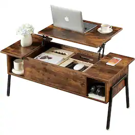 Hivvago - Modern Lift-Top Coffee Table Laptop Desk with Storage Shelf Wood Finish - Brown