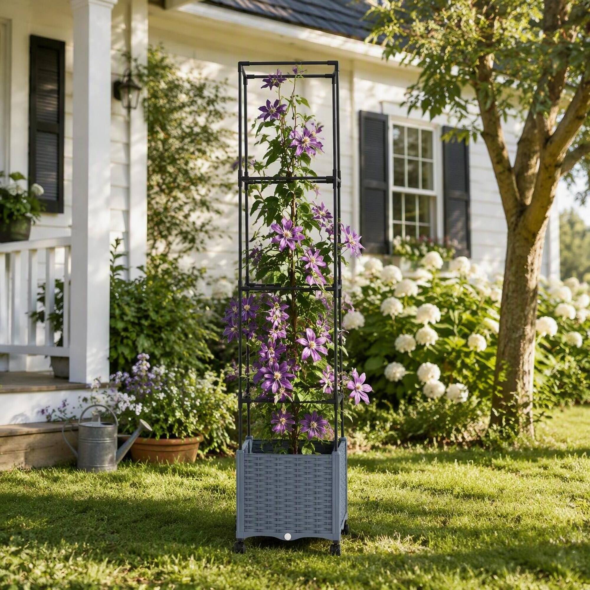 Angle. RYHNUYNE - Mobile Raised Garden Bed with Adjustable Trellis, Self-Watering Planter on Lockable Wheels for Tomatoes, Peas - Gray.