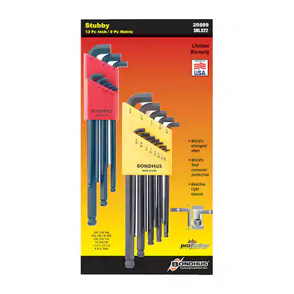 Stubby
13 Pc Inch / 9 Pc Metric
20599 SBLX22
Lifetime Warranty
Made in U.S.A.
BONDHUS
World's strongest steel
World's best corrosion protection
Reaches tight spaces
Pro Janium
Time-saving Combination Tools