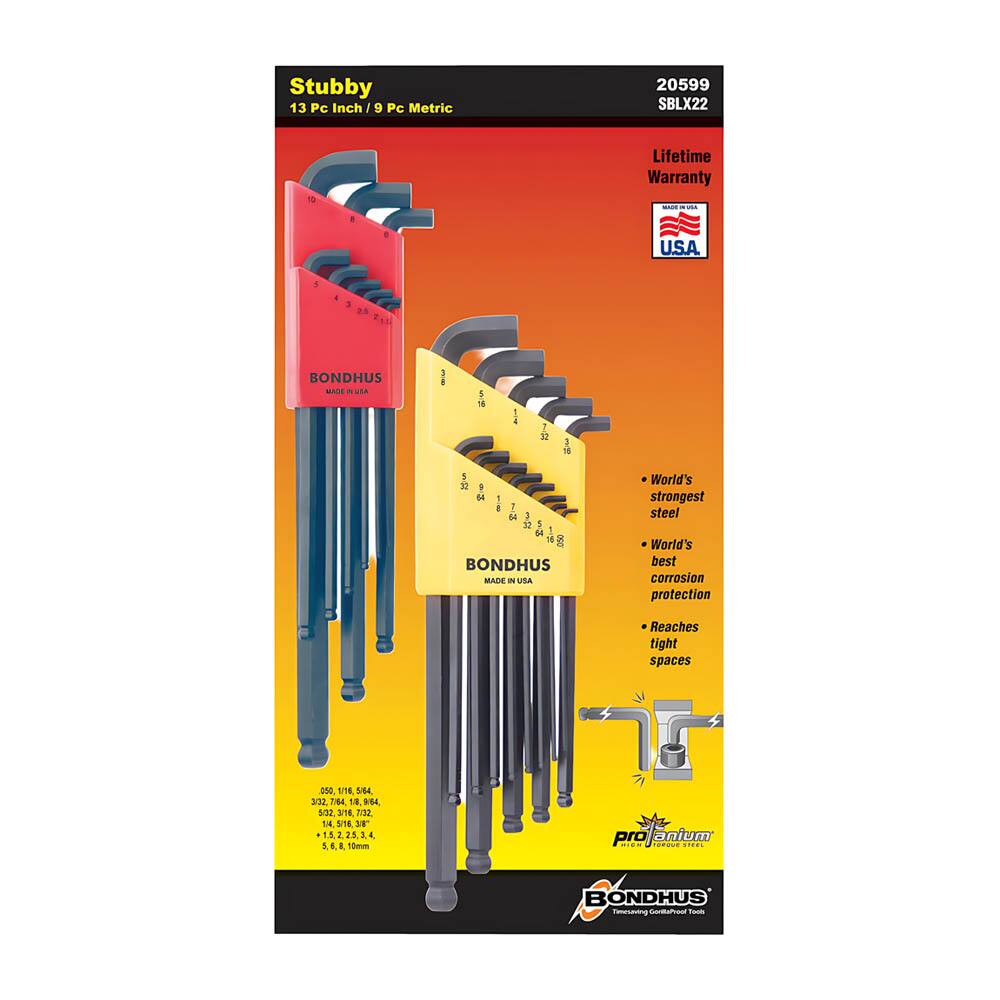 Stubby  
13 Pc Inch / 9 Pc Metric  
20599 SBLX22  

Lifetime Warranty  

Made in U.S.A.  

BONDHUS  
World's strongest steel  
World's best corrosion protection  
Reaches tight spaces  

Pro Janium  
Time-saving Combination Tools