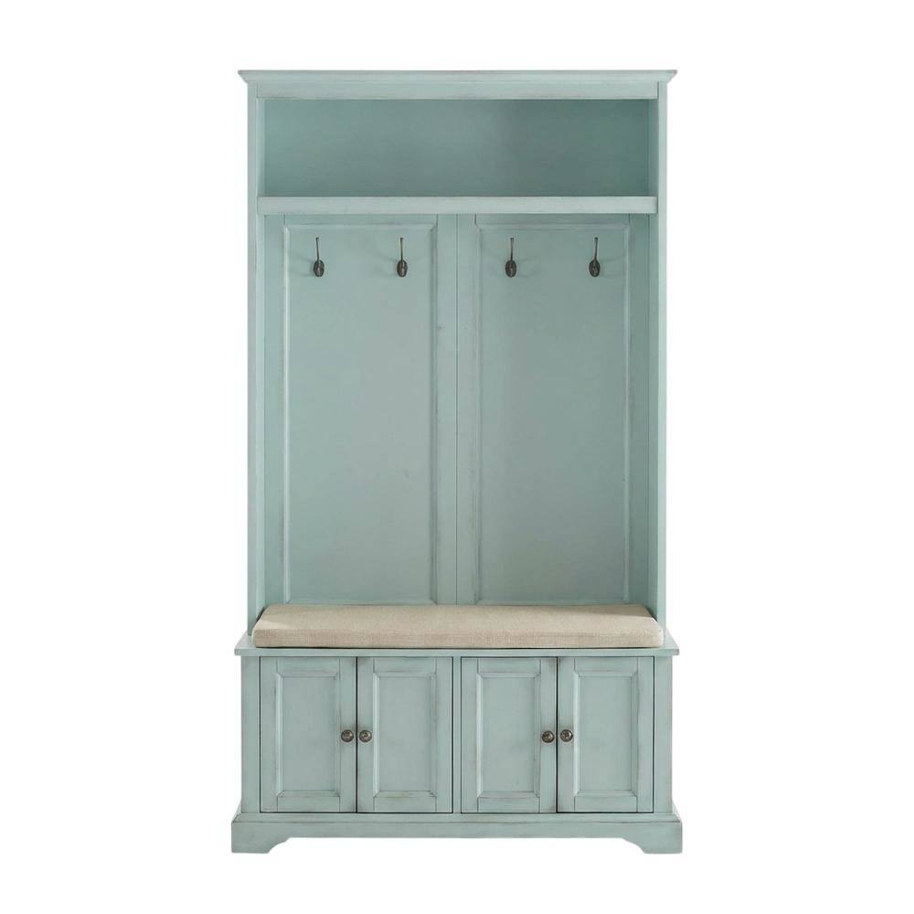 Left. FurniFact - Brown Hall Tree - Distressed Seafoam Blue.