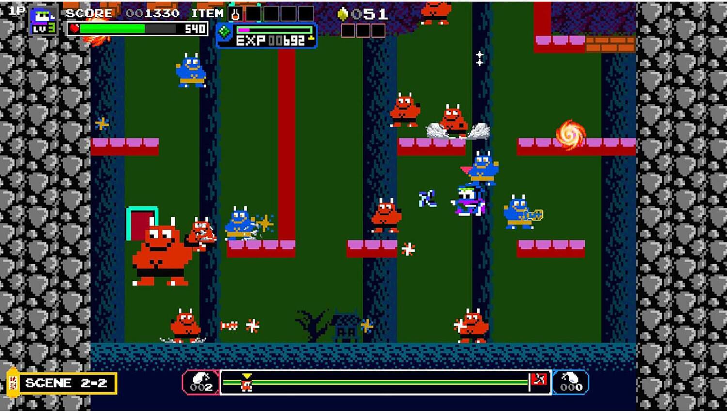 1P SCORE 001330 ITEM 0 540 EXP 00692 51 + * + SCENE 2-2 002 2 X 000