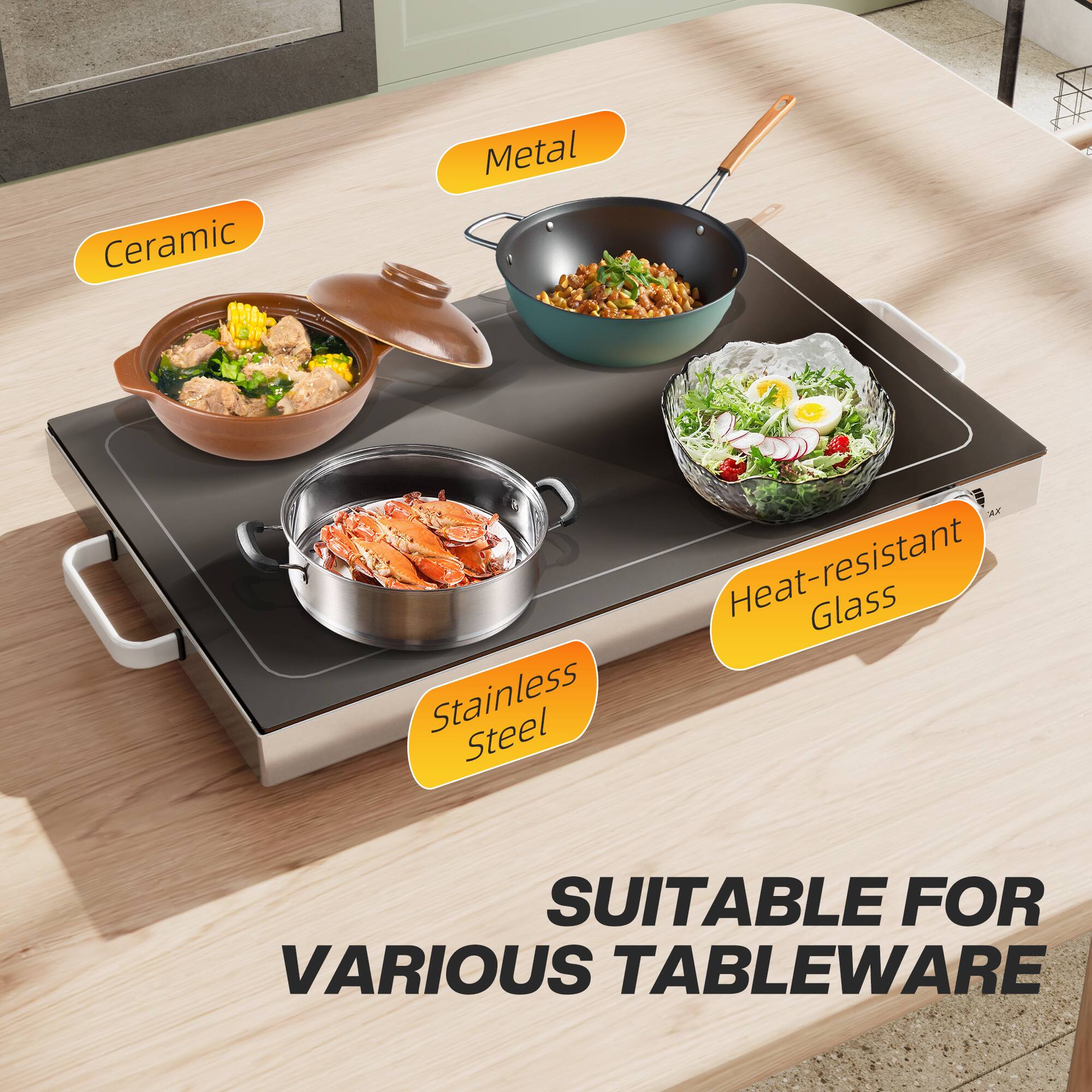 Ceramic, Metal, Stainless Steel, Heat-resistant Glass, Suitable for various tableware.