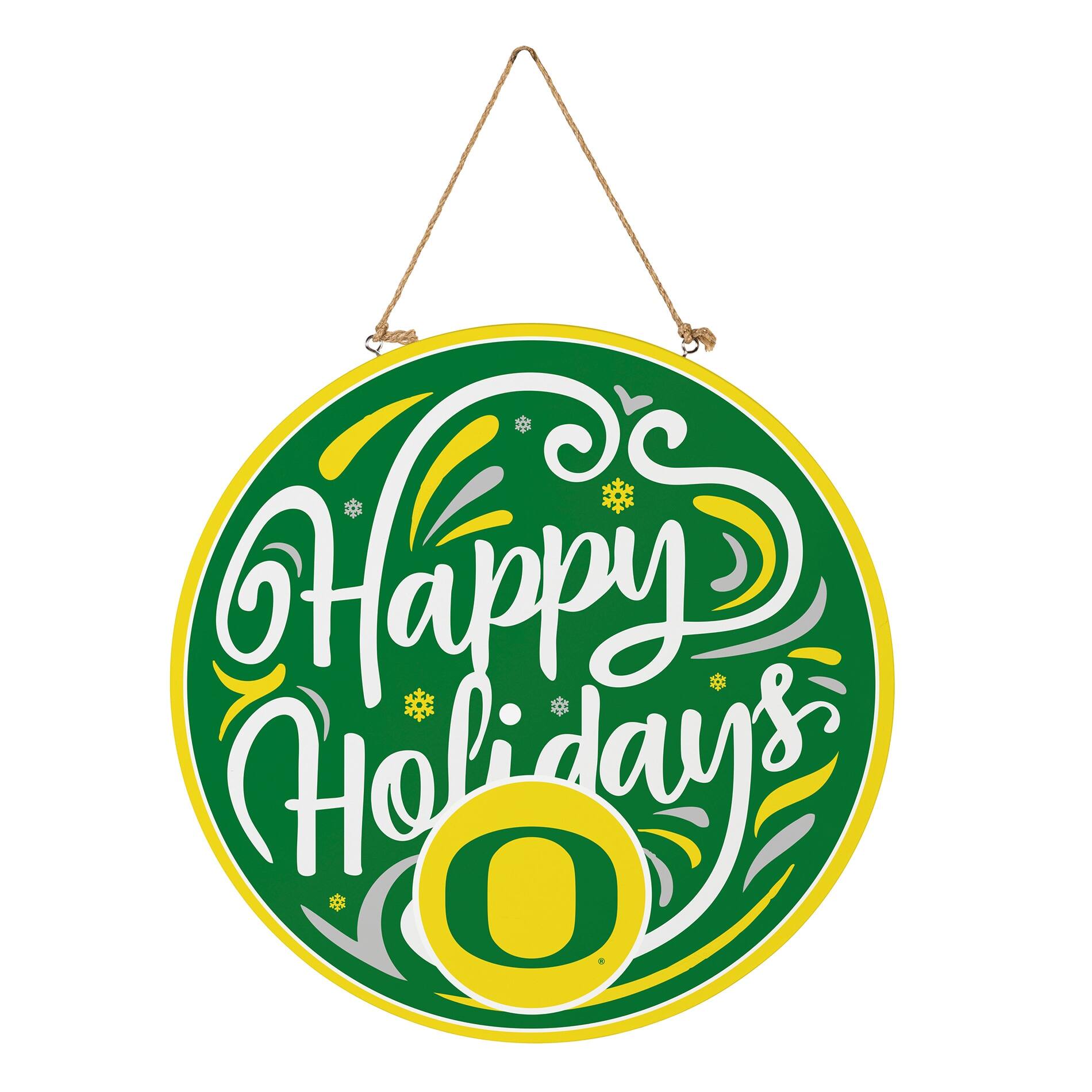 Alt View 2. Evergreen Enterprises - Oregon Ducks 18" Happy Holidays Wooden Round Door Sign - Multicolor.