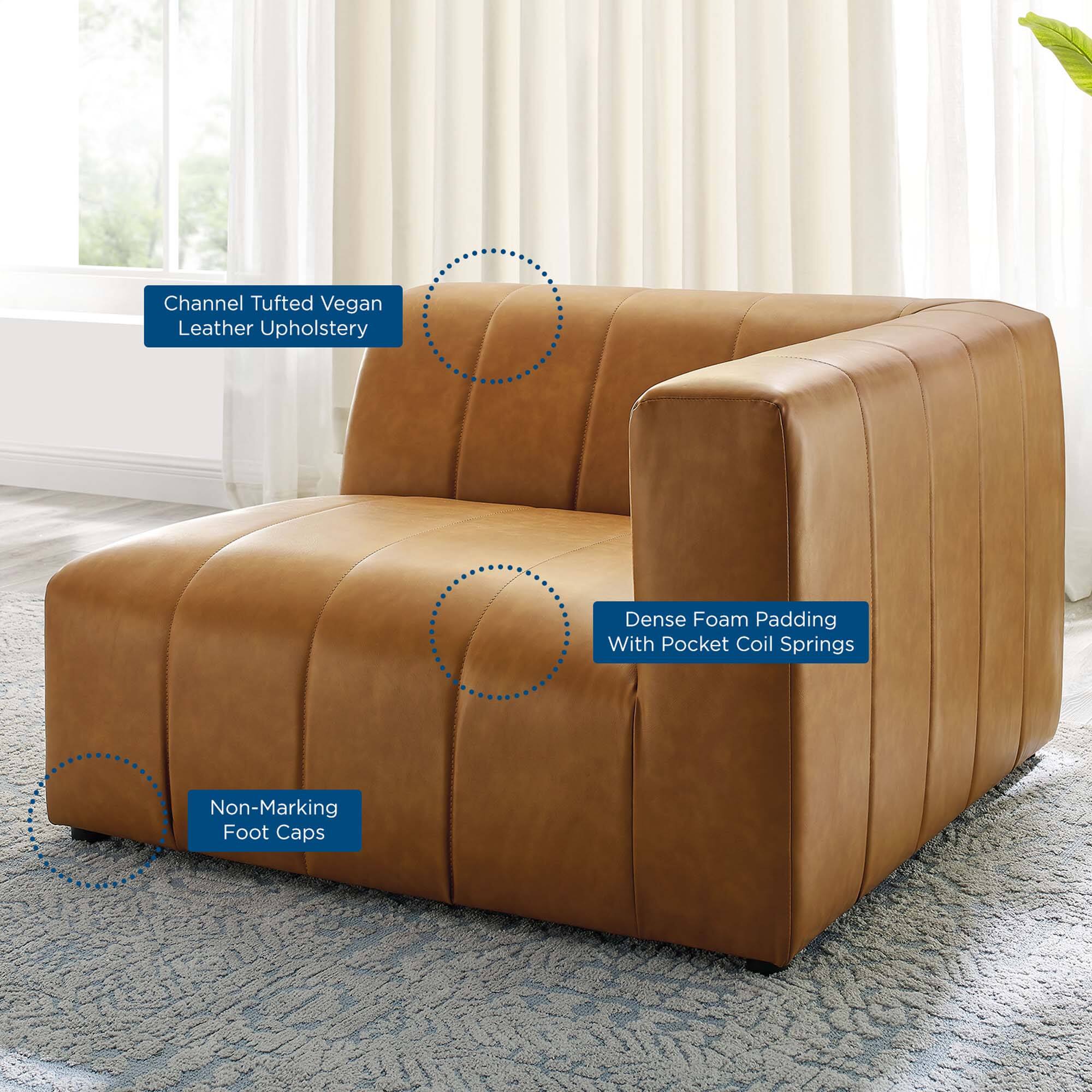 Channel Tufted Vegan Leather Upholstery  
Dense Foam Padding With Pocket Coil Springs  
Non-Marking Foot Caps