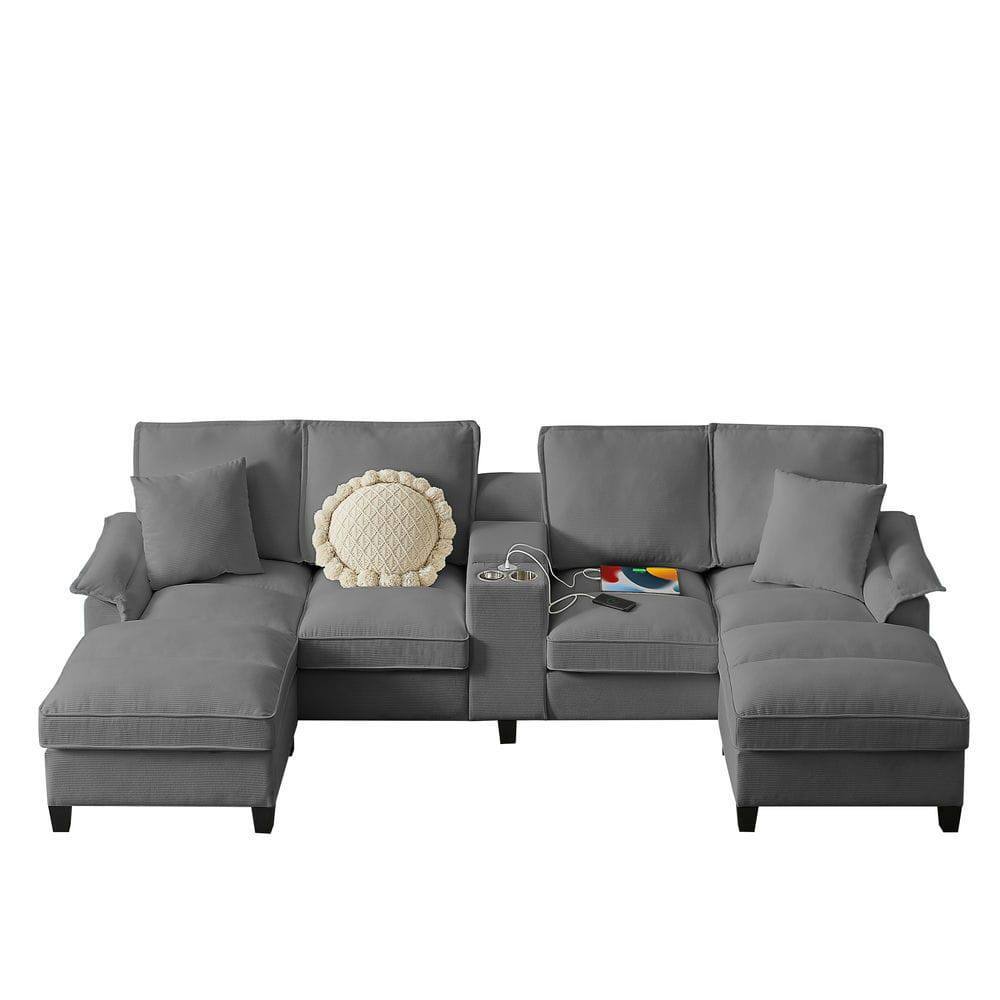 Alt View 2. Resenkos - 120" U-Shaped Sectional Sofa Bed, Corduroy 4-Seater with Storage and Cup Holders, Gray - Gray.