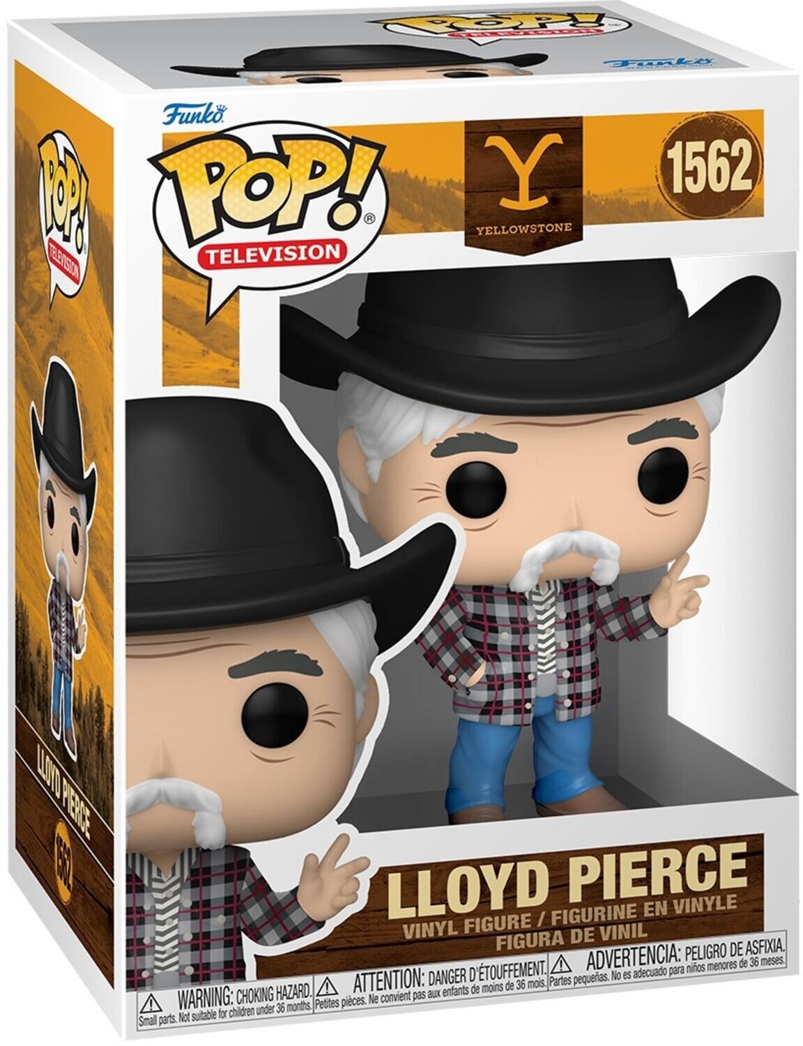 Sure, here is the corrected and grouped text from the image:

---

**Funko POP! TELEVISION**

**YELLOWSTONE**

**1562**

**LLOYD PIERCE**

**VINYL FIGURE / FIGURINE EN VINYLE / FIGURA DE VINIL**

**WARNING: CHOKING HAZARD - Small parts. Not suitable for children under 36 months.**

**ATTENTION: Petites pièces. Ne convient pas aux enfants de moins de 36 mois.**

**ADVERTENCIA: PEORIGRO DE ASFIXIA. D'ETOUFFEMENT. No es adecuado para niños menores de 36 meses.**

---

This text includes the brand, series, character name, and safety warnings from the packaging.