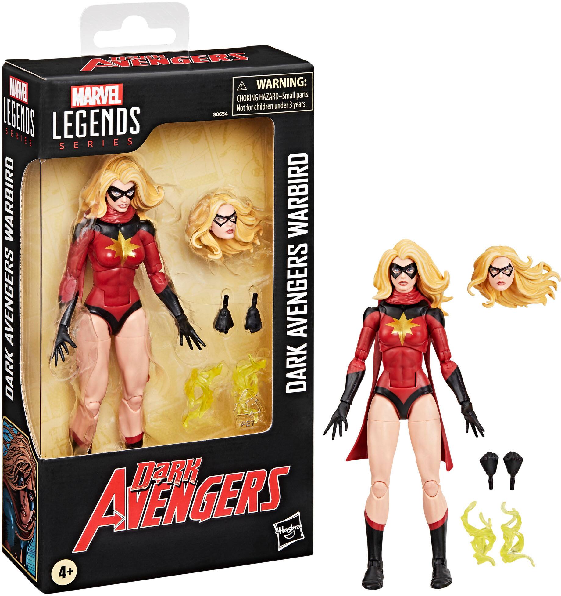 The text on the image reads: "WARNING: Marvel choking hazard - small parts. Not for children under 3 years. Marvel Legends Series Warbird Avengers Dark Avengers."