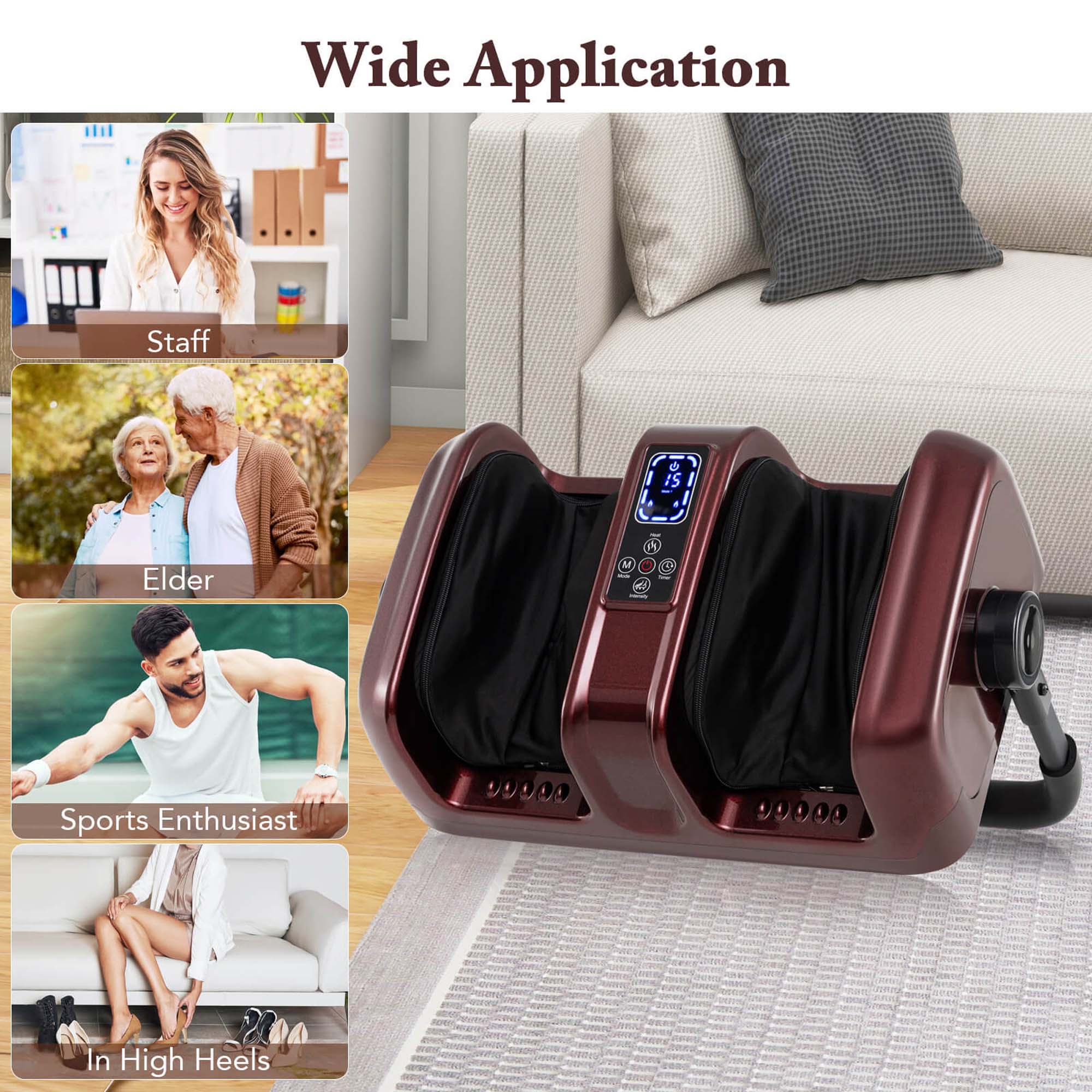 Wide Application: This product is designed to be used by a wide range of people, including staff, elderly individuals, and sports enthusiasts.

Staff: The product is suitable for staff members who may need to use it during their work hours.

Elderly: The product is designed to be user-friendly for elderly individuals, making it accessible and convenient for them.

Sports Enthusiast: The product is suitable for sports enthusiasts who may need to use it during or after their physical activities.

20 In High Heels: The product is designed to be used by individuals wearing high heels, providing them with added comfort and support.