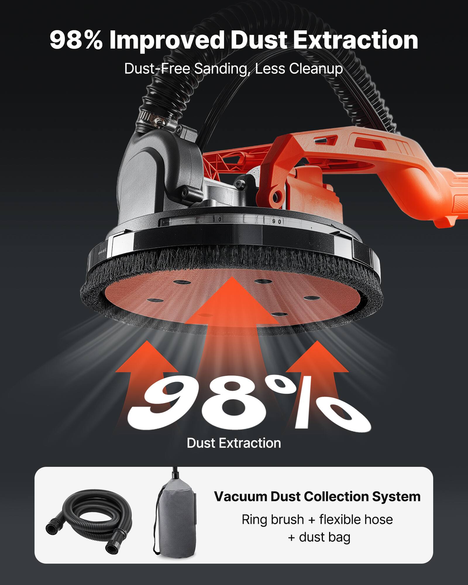 98% Improved Dust Extraction  
Dust-Free Sanding, Less Cleanup

98% Dust Extraction

Vacuum Dust Collection System  
Ring brush + flexible hose + dust bag