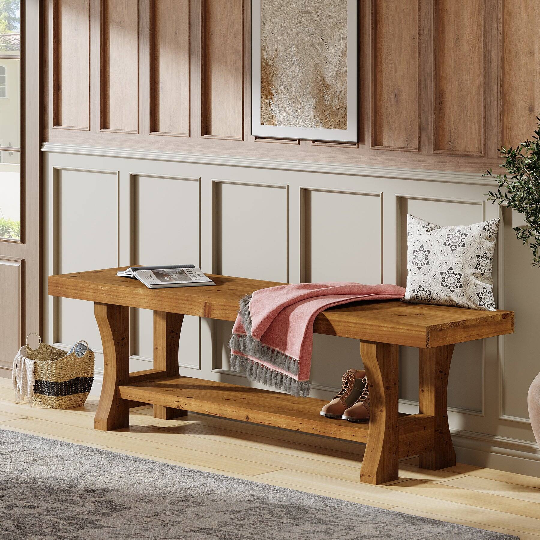 Alt View 1. Tribesigns - Office Reception Bench with Solid Wood Construction, Storage Shelves, for Office Entryways and Waiting Areas - Brown.