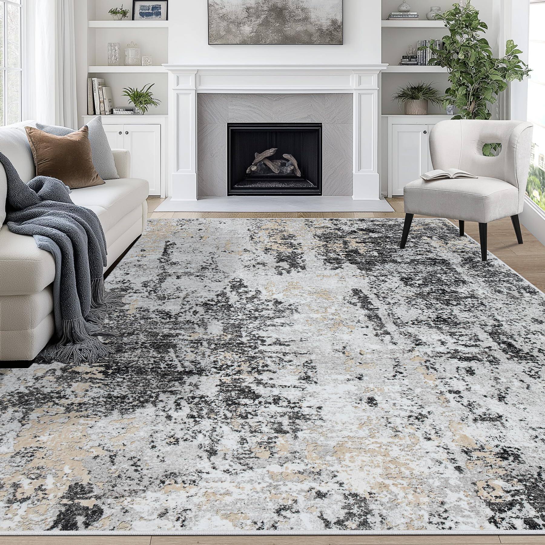 Front. PARKER SLATER - 8x10 Area Rugs Living Room Rug Washable Abstract Large Dining Bedroom Carpet Non Slip Indoor Modern Home Office Blue ... - Black Grey/Gold.