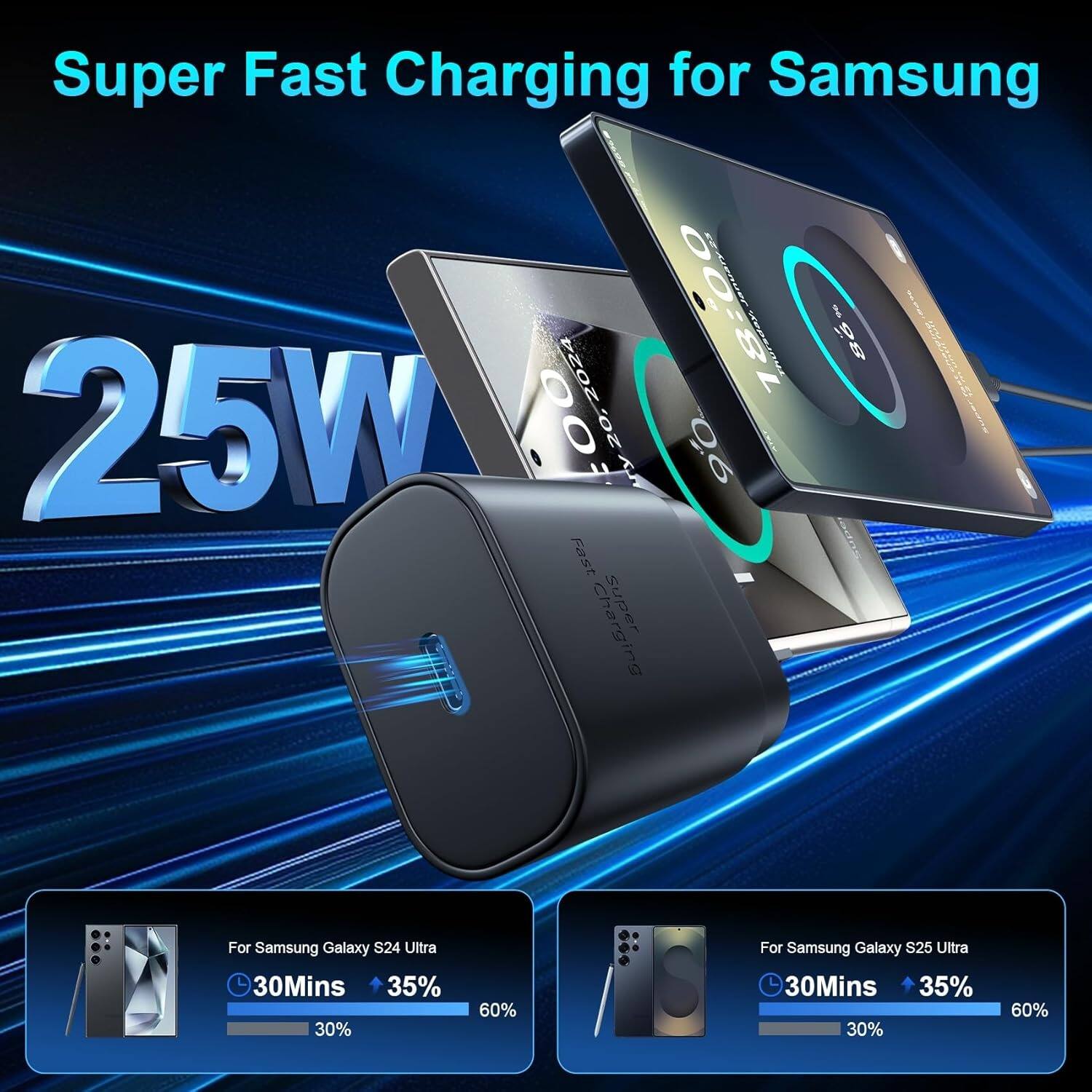 Super Fast Charging for Samsung 25W
For Samsung Galaxy S24 Ultra
30Mins 35% 30% 60%
For Samsung Galaxy S25 Ultra
30Mins 35% 30% 60%