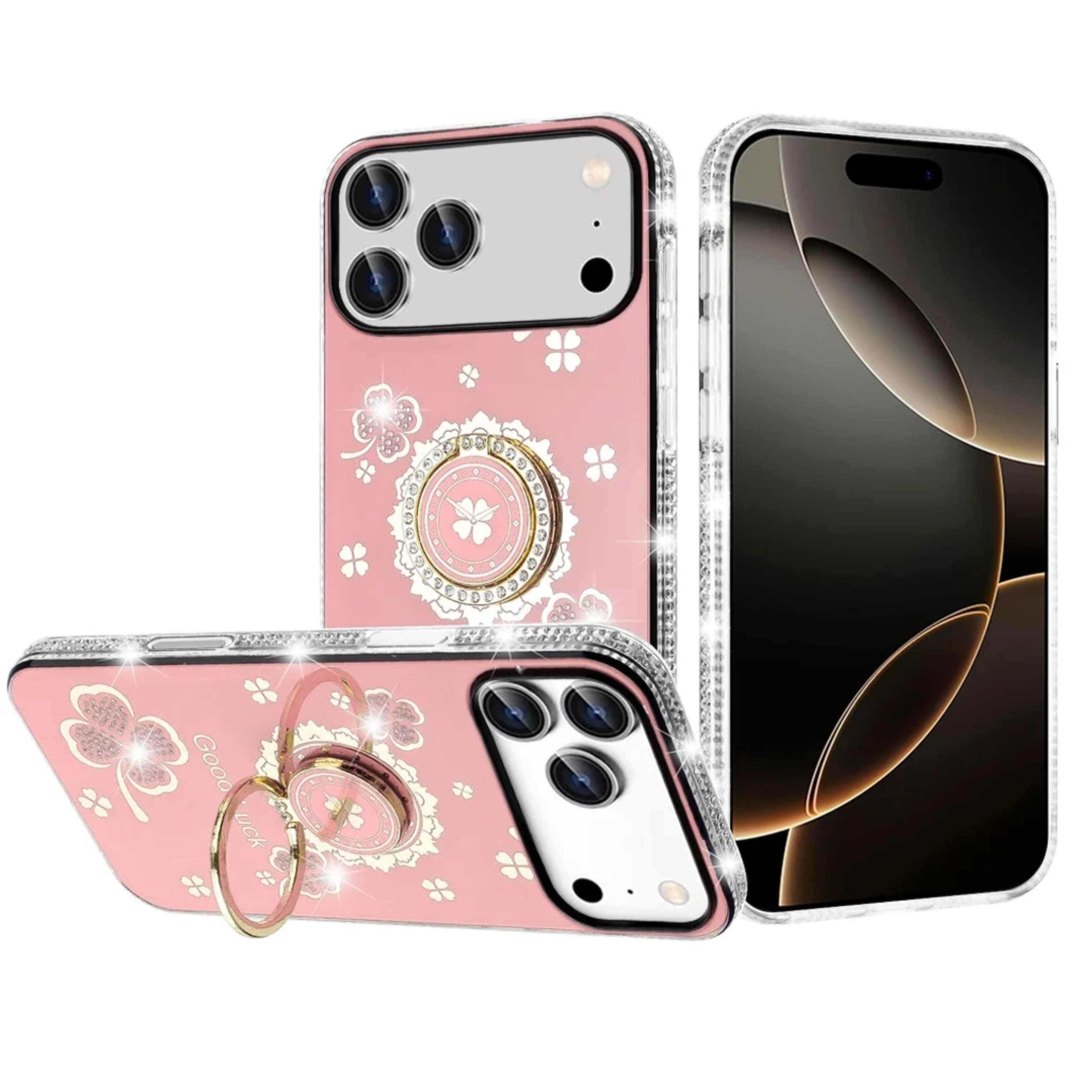 Kitcheniva - Crystal Studded Ring Stand Bling Case With Tempered Glass For iPhone 17 Pro Max - Pink price history on PriceWatchPro