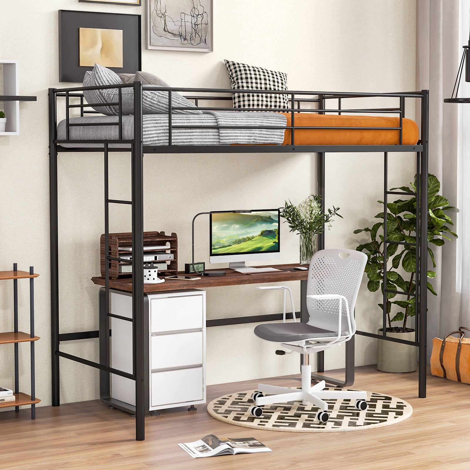 Angle. Costway - Twin Size Loft Bed Heavy Duty Metal Loft Bed Frame with Safety Guardrail - Black.