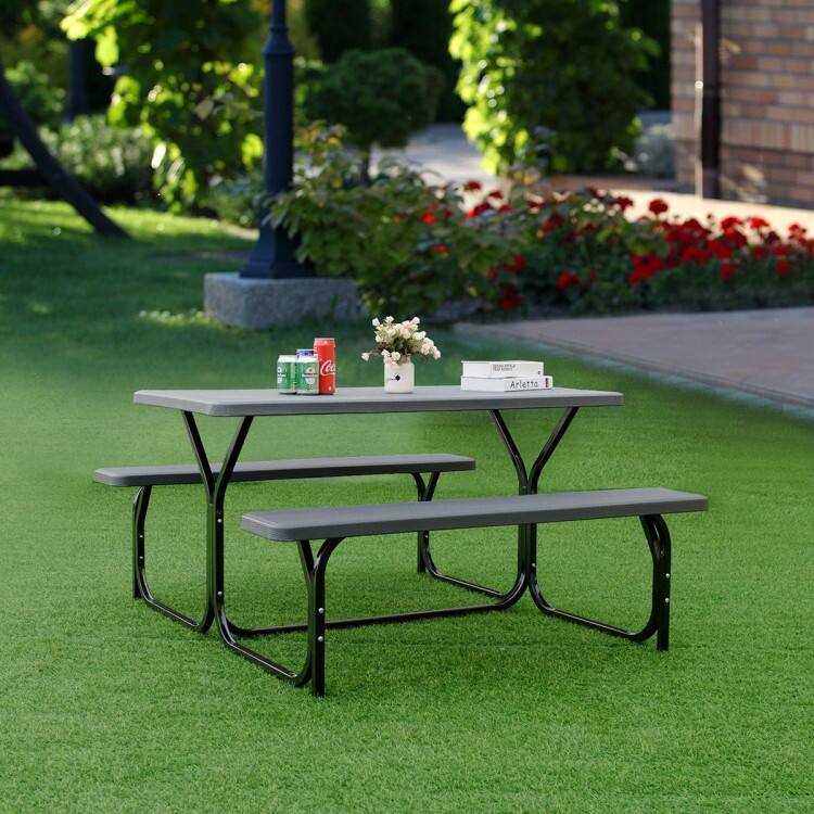 Back. Mondawe - 72in Freestanding HDPE Picnic Table Set w/ Metal Base, Outdoor Dining Bench for Patio Garden, 1 Table 2 Benches - Black.
