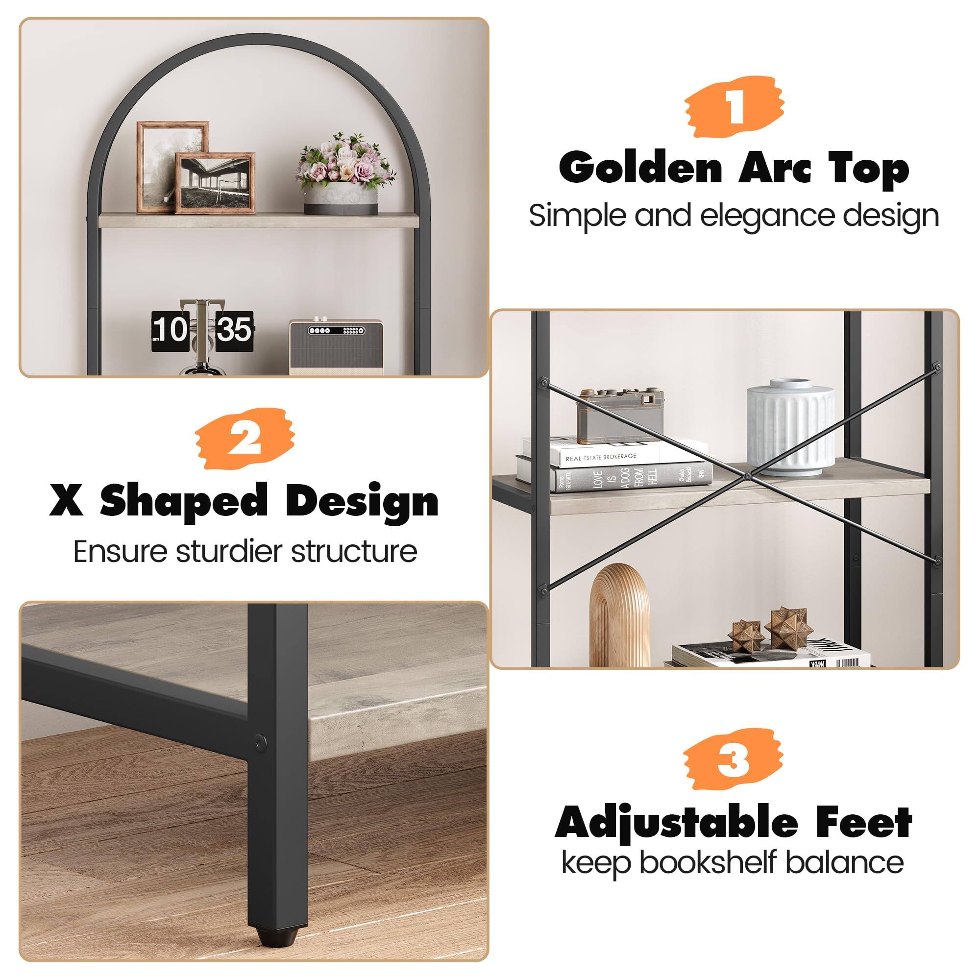 1. Golden Arc Top  
   Simple and elegant design

2. X Shaped Design  
   Ensure sturdier structure

3. Adjustable Feet  
   Keep bookshelf balance