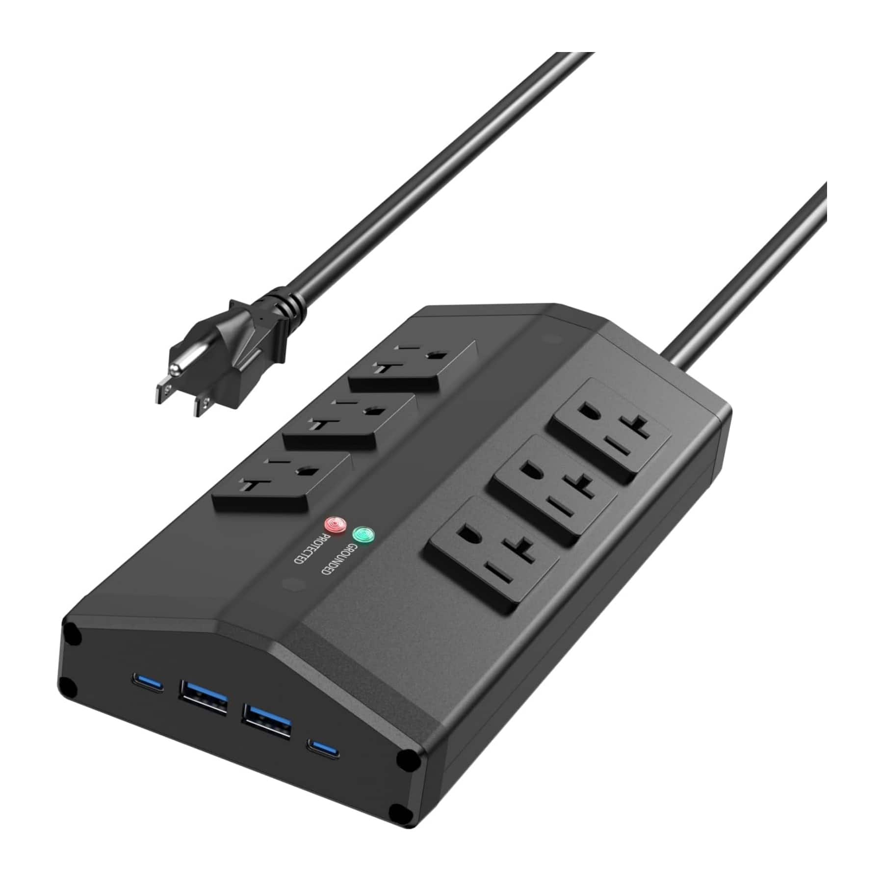 Dazzed Corner - Heavy Duty Surge Protector – 6 Outlets, 4 USB, 6Ft Metal Mount Cord - Black