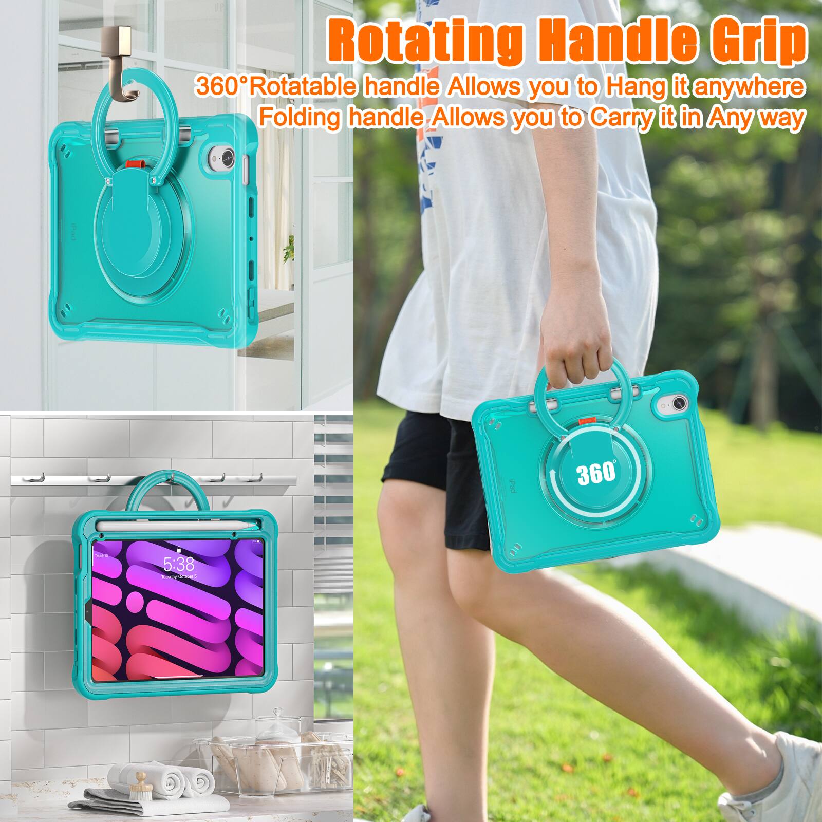 Rotating Handle Grip  
360° Rotatable handle Allows you to Hang it anywhere  
Folding handle Allows you to Carry it in Any way