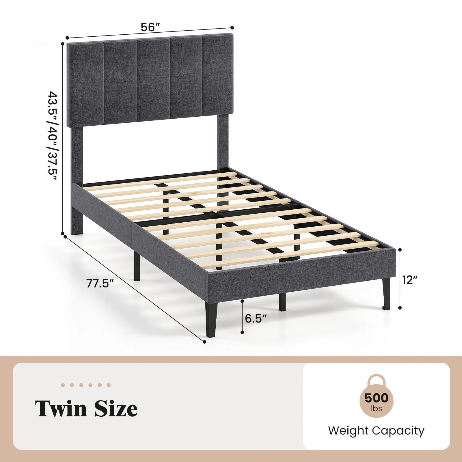56" x 43.5"/40"/37.5" x 77.5" x 12" x 6.5" Twin Size 500 lbs Weight Capacity