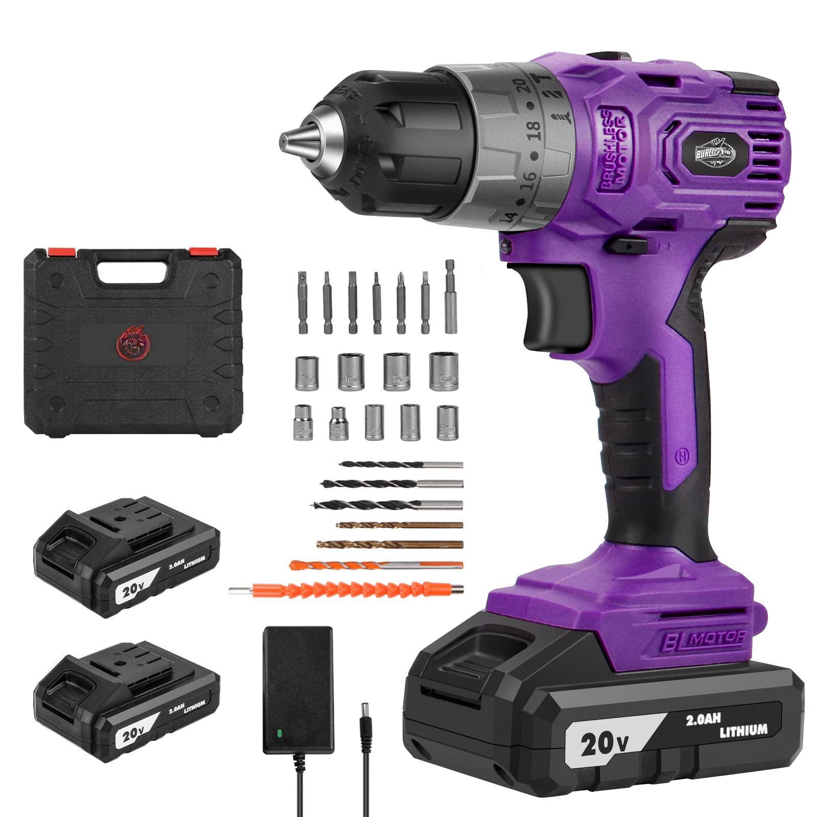 JETRANSPORT - Brushless Cordless Drill Set 20v Compact Power Driver Purple Electric 20 3 Torque Setting 48 N.m 2 - Default