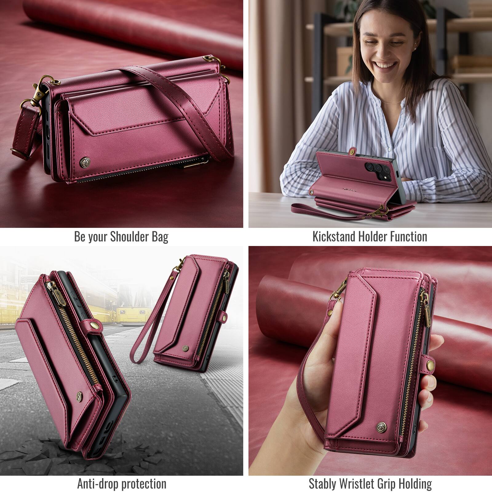 Be your Shoulder Bag  
Kickstand Holder Function  
Anti-drop protection  
Stably Wristlet Grip Holding