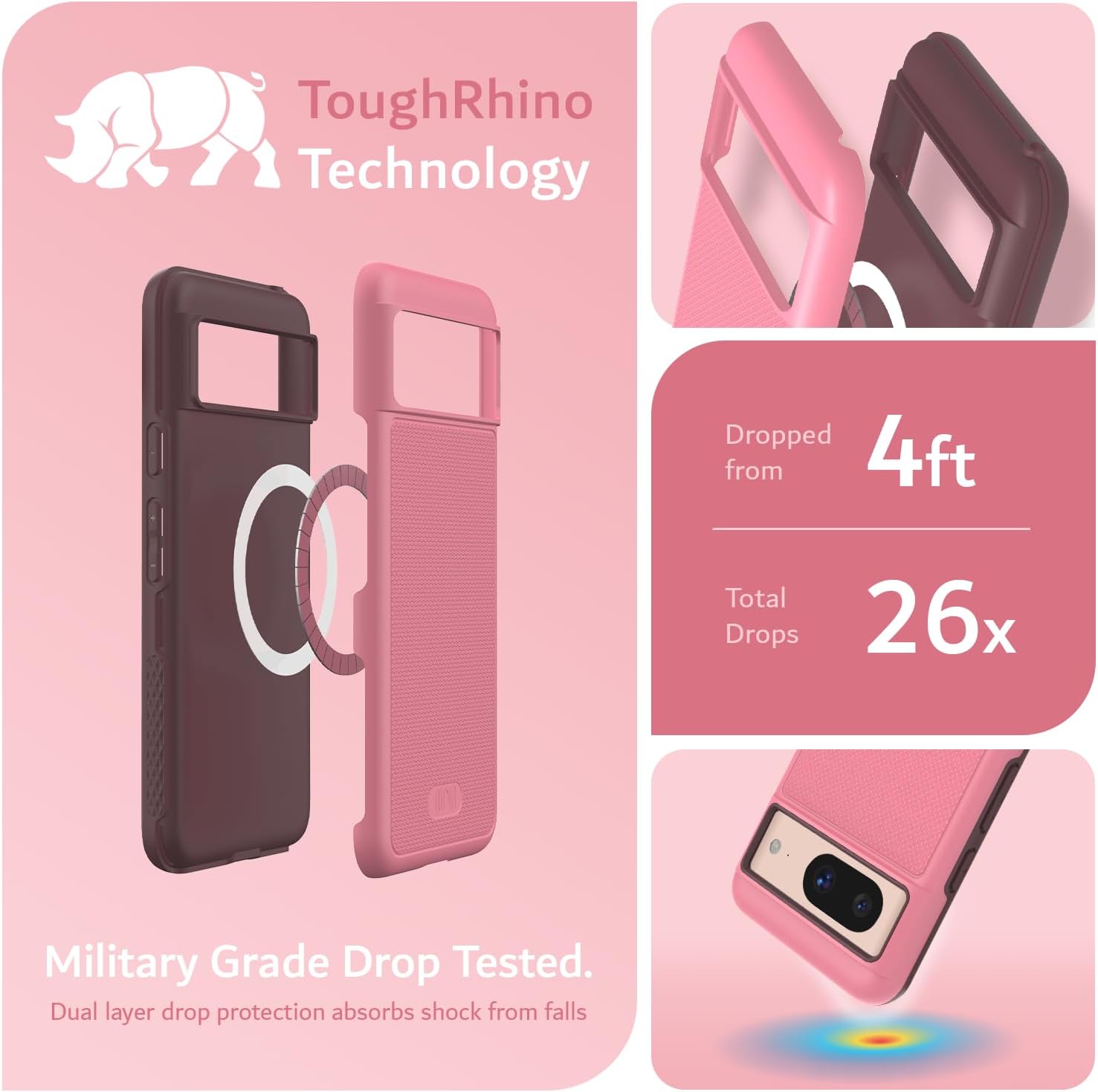 ToughRhino Technology

Dropped from 4ft  
Total Drops 26x

Military Grade Drop Tested.  
Dual layer drop protection absorbs shock from falls