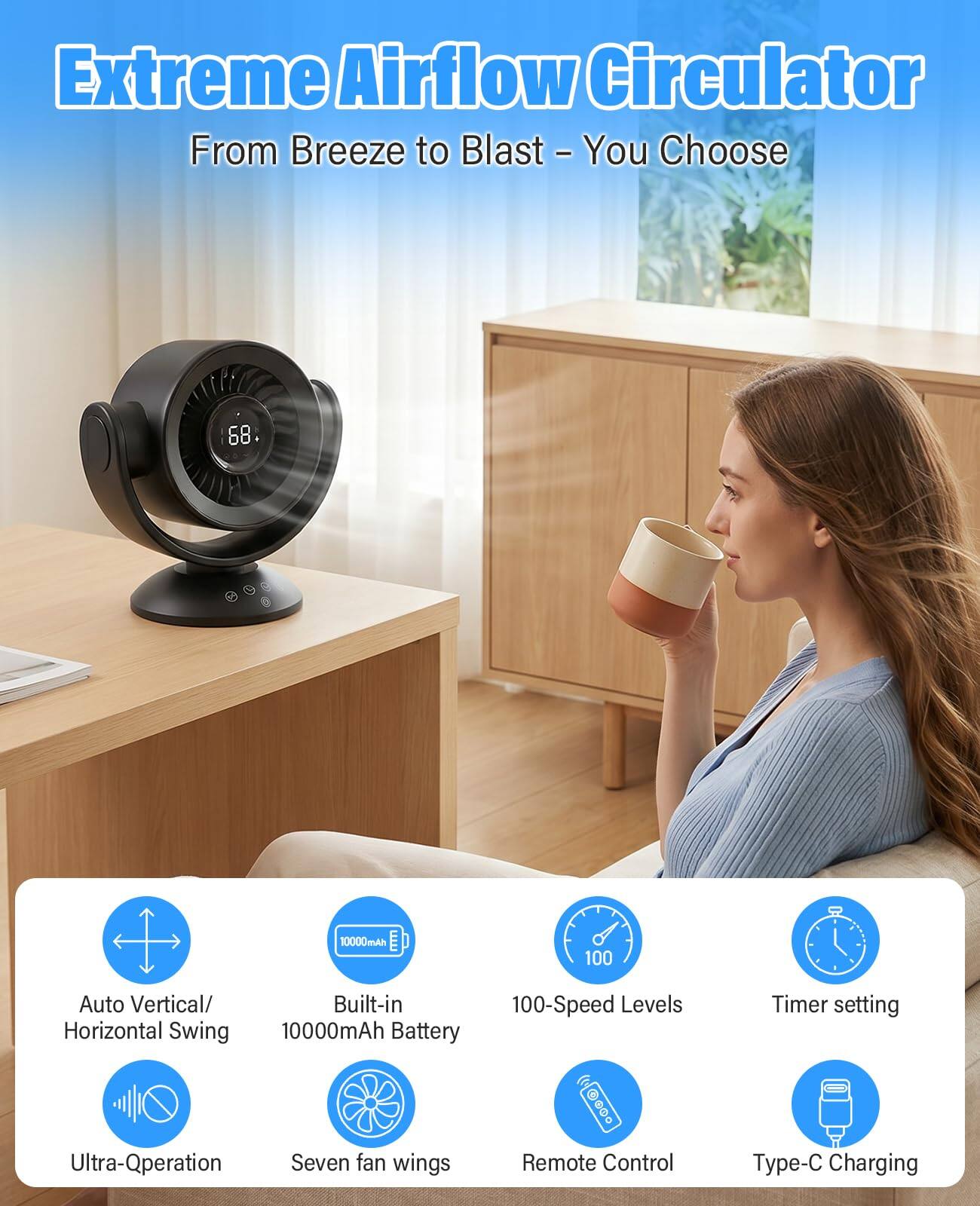 Extreme Airflow Circulator  
From Breeze to Blast - You Choose  

- Auto Vertical/Horizontal Swing  
- 10000mAh Battery  
- Ultra-Qperation  
- Seven fan wings  
- 100-Speed Levels  
- Remote Control  
- Timer setting  
- Type-C Charging