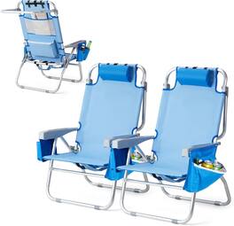 Winado - 2PCS Folding Backpack Beach Chair Portable with 5-Position, Cup Holders, Cooler Bag, Towel Bar for Outdoor Beach Camping - Light Blue