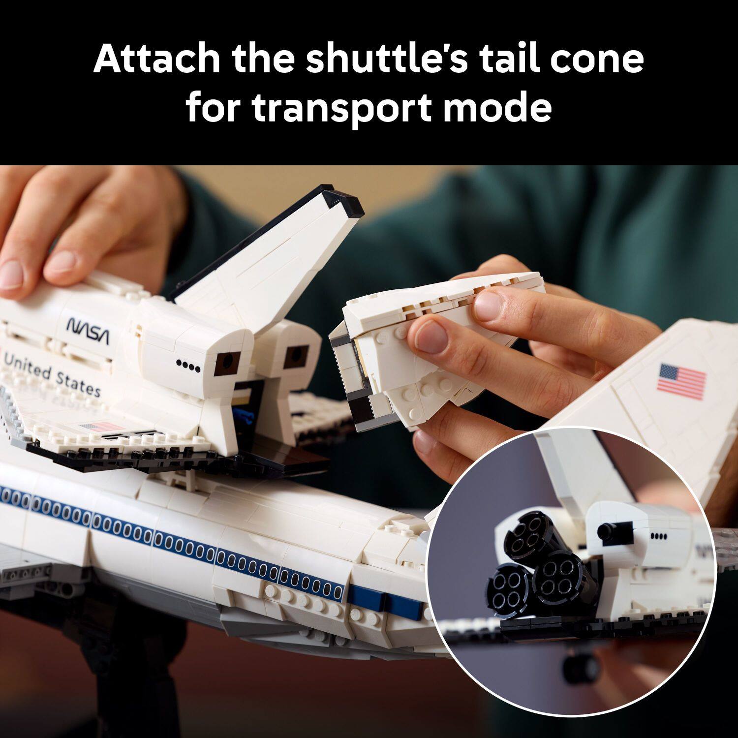 Attach the shuttle's tail cone for transport mode. NASA United States.