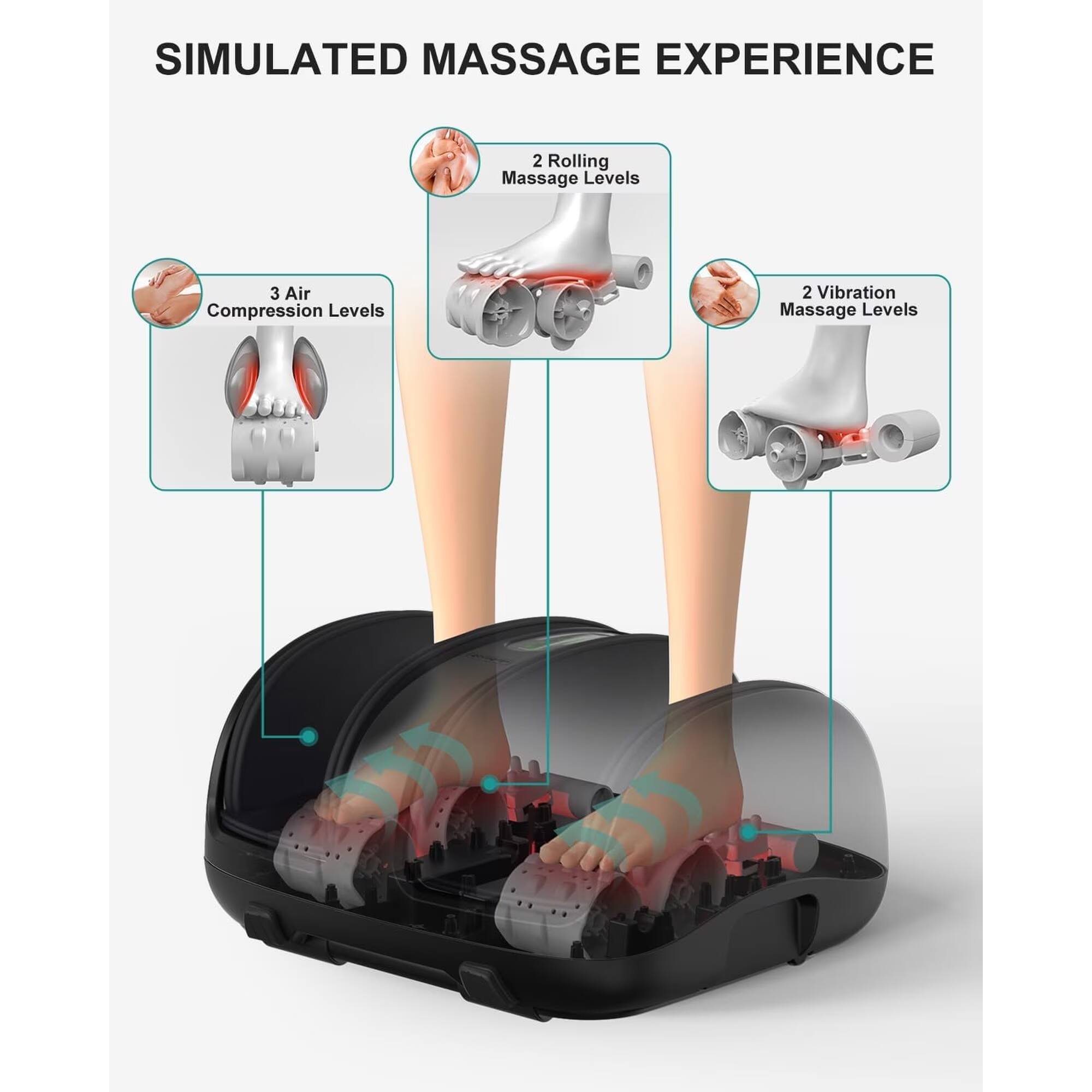 SIMULATED MASSAGE EXPERIENCE

- 2 Rolling Massage Levels
- 3 Air Compression Levels
- 2 Vibration Massage Levels
