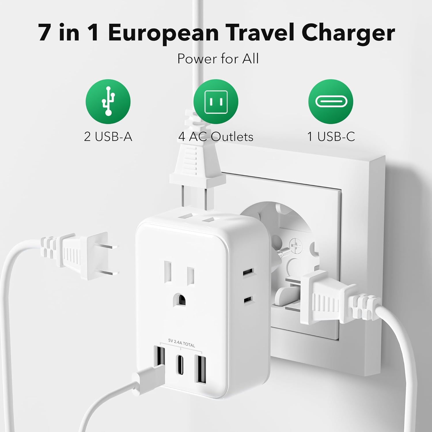 7 in 1 European Travel Charger  
Power for All  
2 USB-A  
4 AC Outlets  
1 USB-C  
5V 2.4A TOTAL